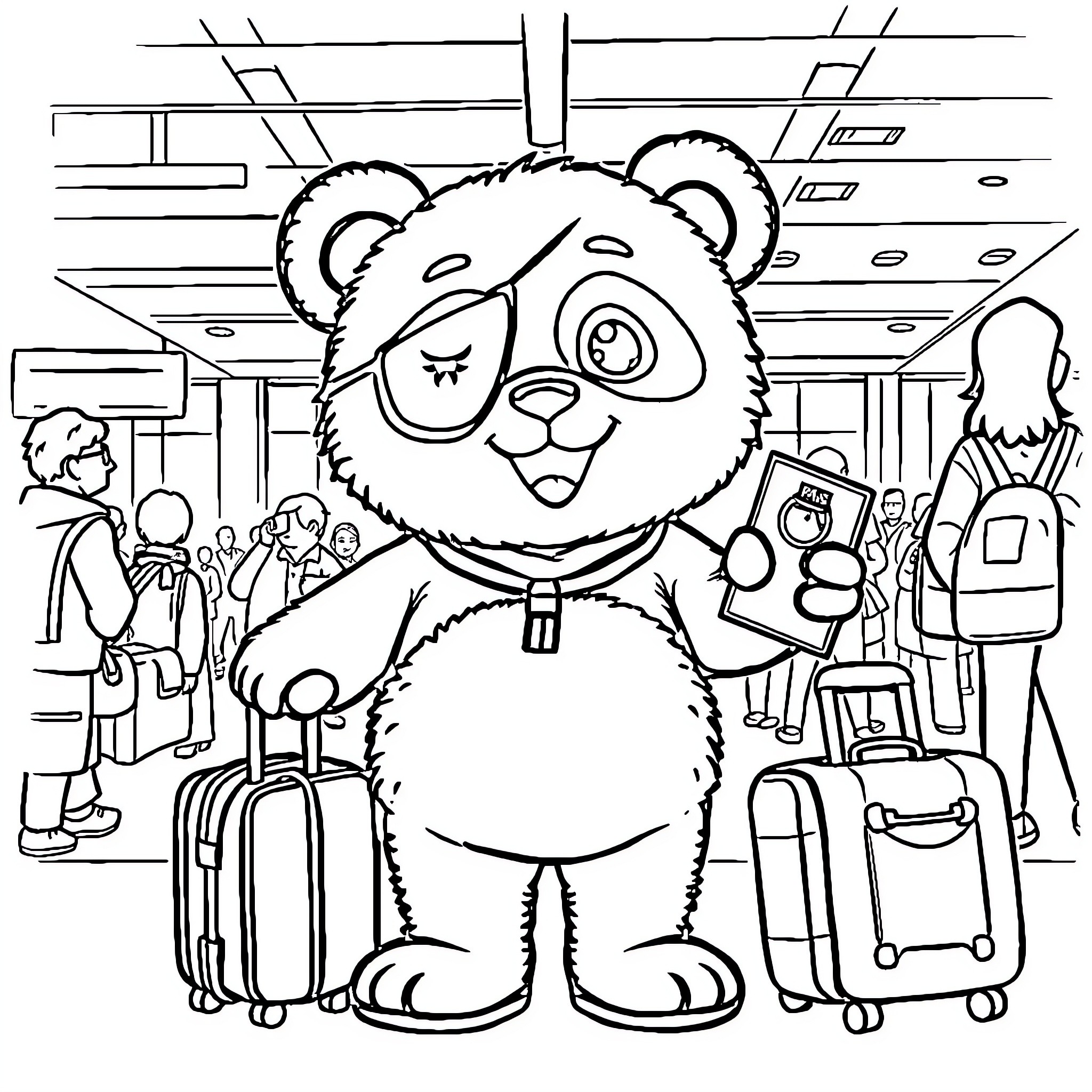 Panda mascot with luggage in airport Coloring Page (free black-and-white line drawing printable PDF for all, from beginners to advanced learners, including children, teens, adults, and seniors)