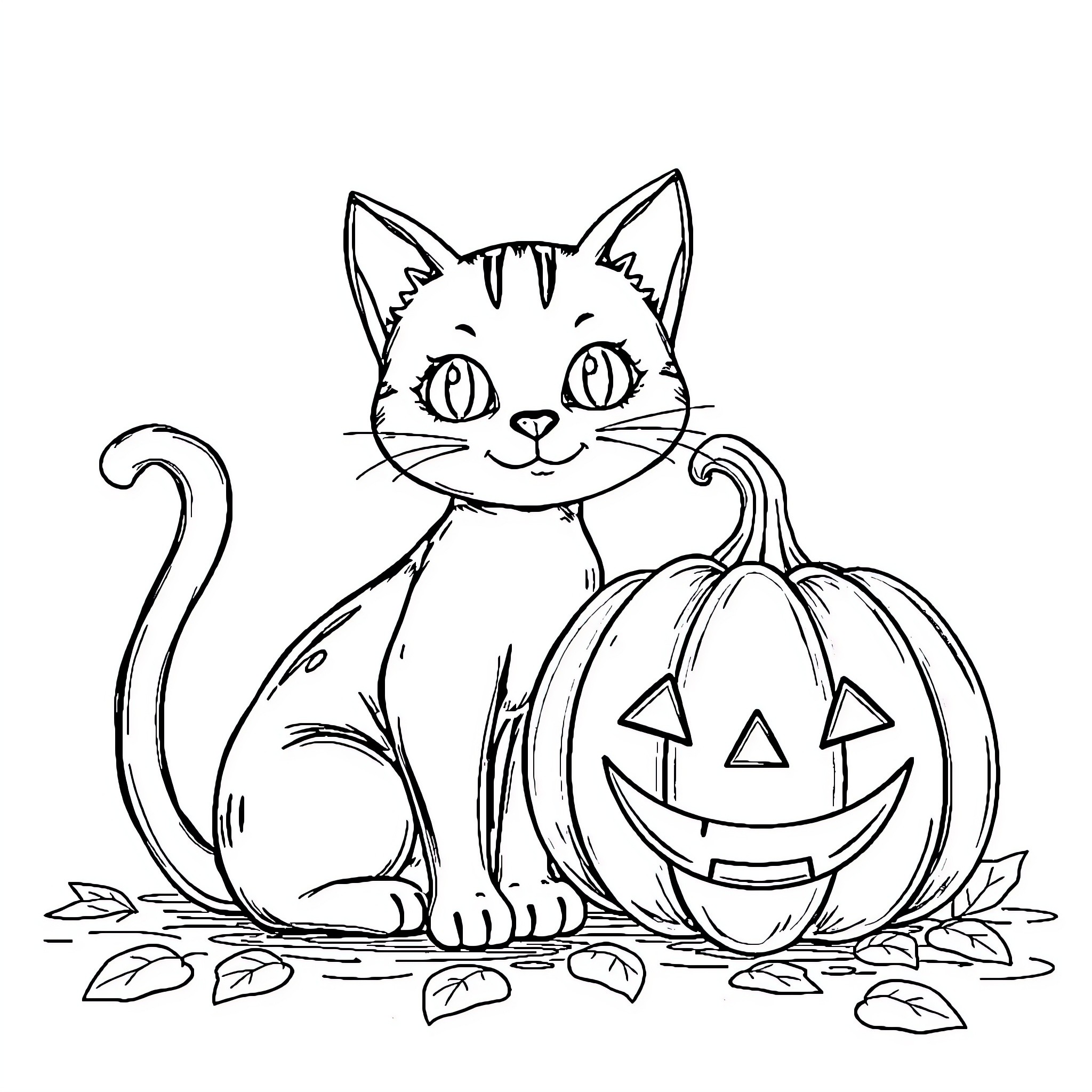Cat with Pumpkin on Autumn Leaves Coloring Page (free black-and-white line drawing printable PDF for all, from beginners to advanced learners, including children, teens, adults, and seniors)
