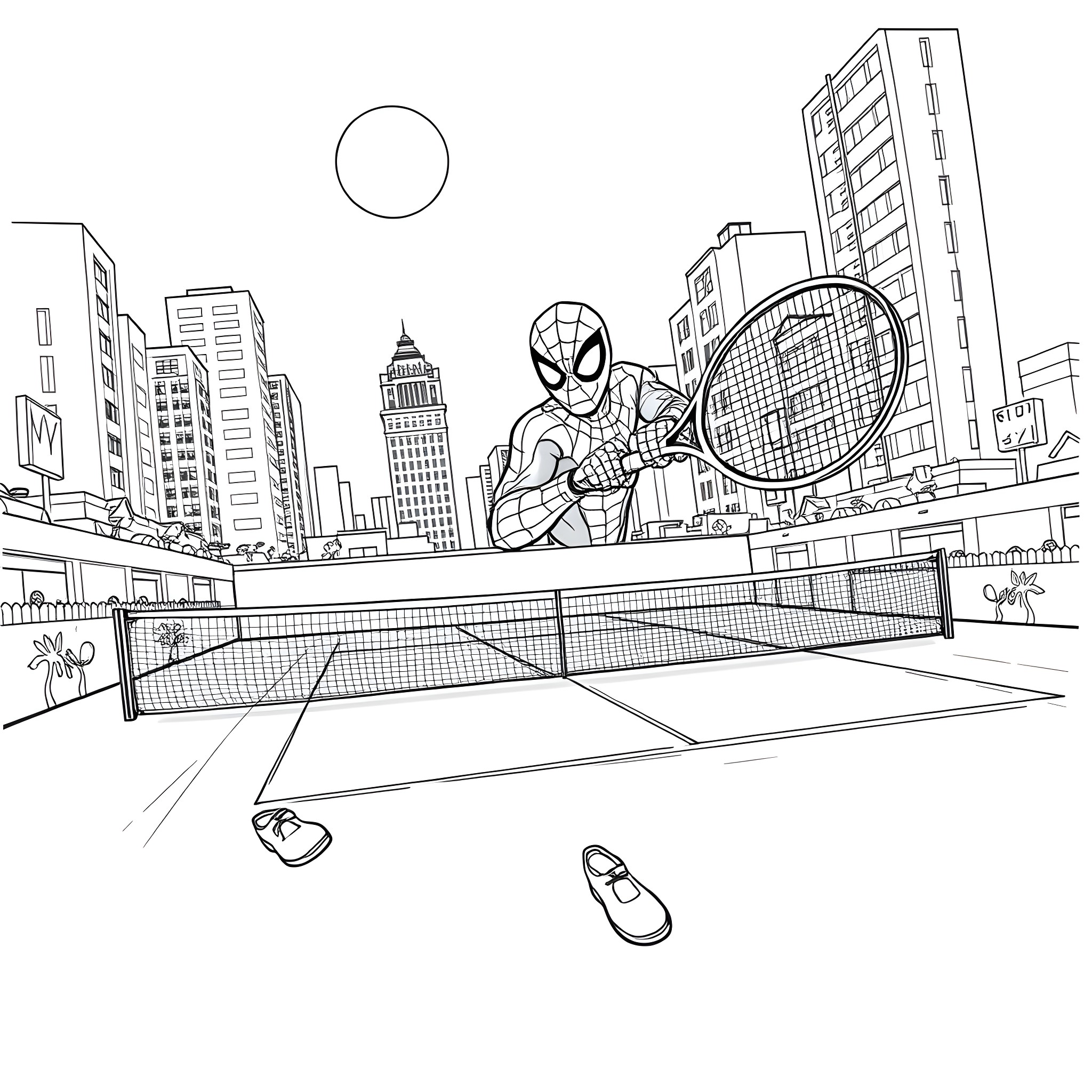 Spiderman playing tennis in the city Coloring Page (free black-and-white line drawing printable PDF for all, from beginners to advanced learners, including children, teens, adults, and seniors)
