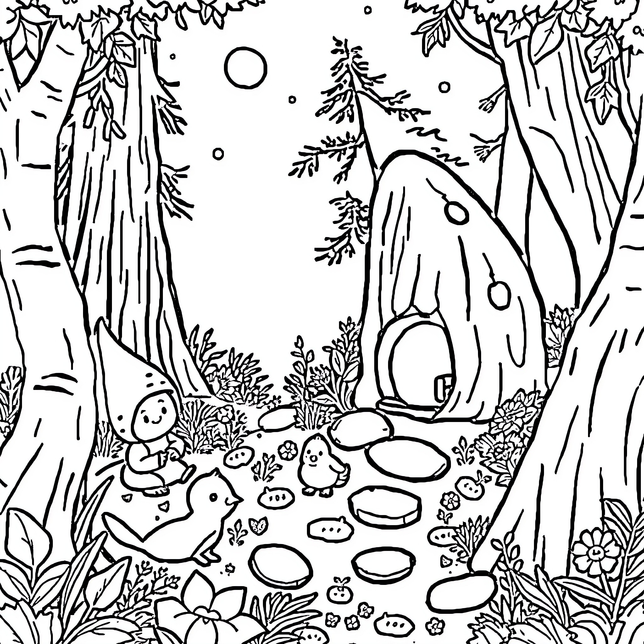 Smurfs Exploring the Enchanted Forest Coloring Page (free black-and-white line drawing printable PDF for all, from beginners to advanced learners, including children, teens, adults, and seniors)