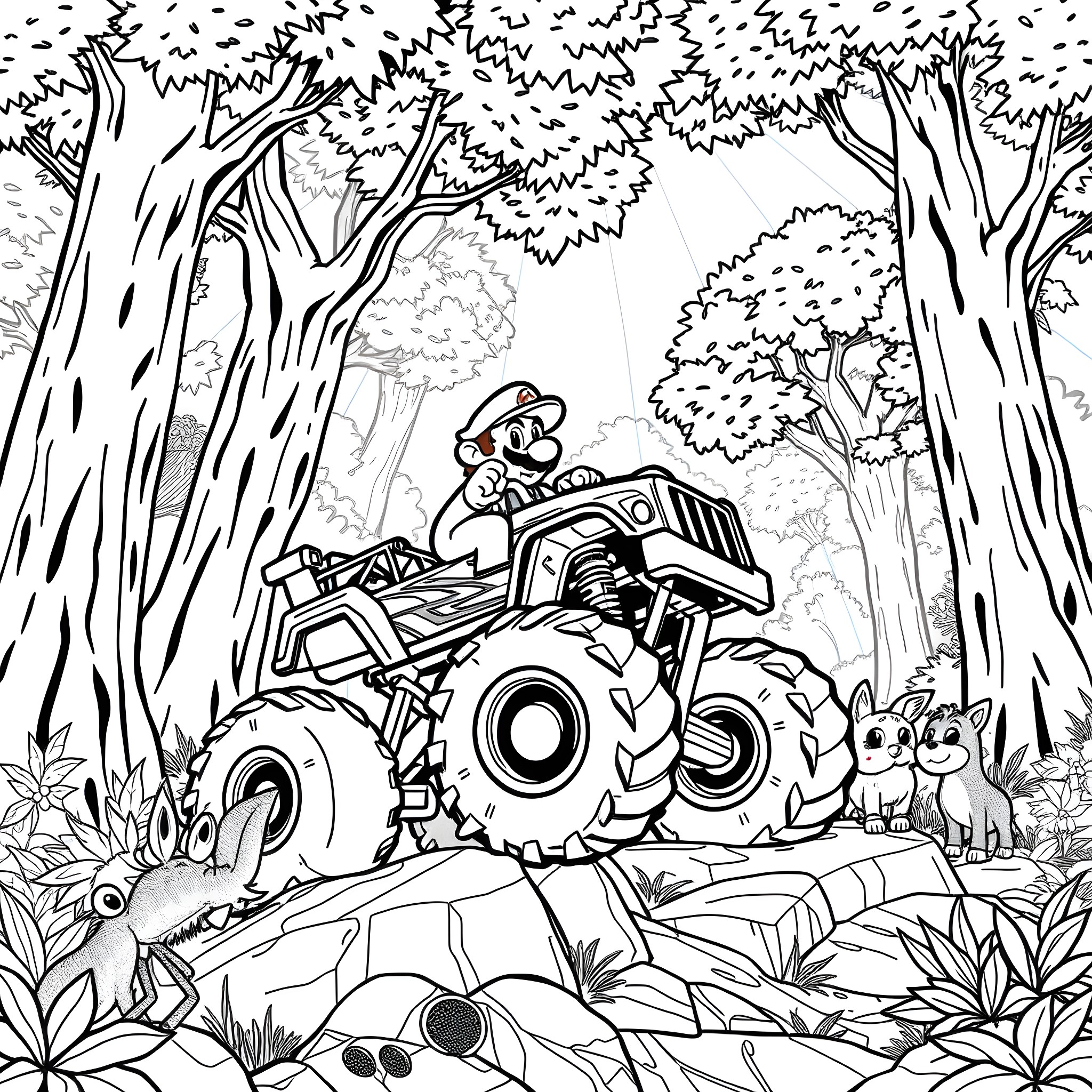 Mario driving a monster truck through the forest Coloring Page (free black-and-white line drawing printable PDF for all, from beginners to advanced learners, including children, teens, adults, and seniors)