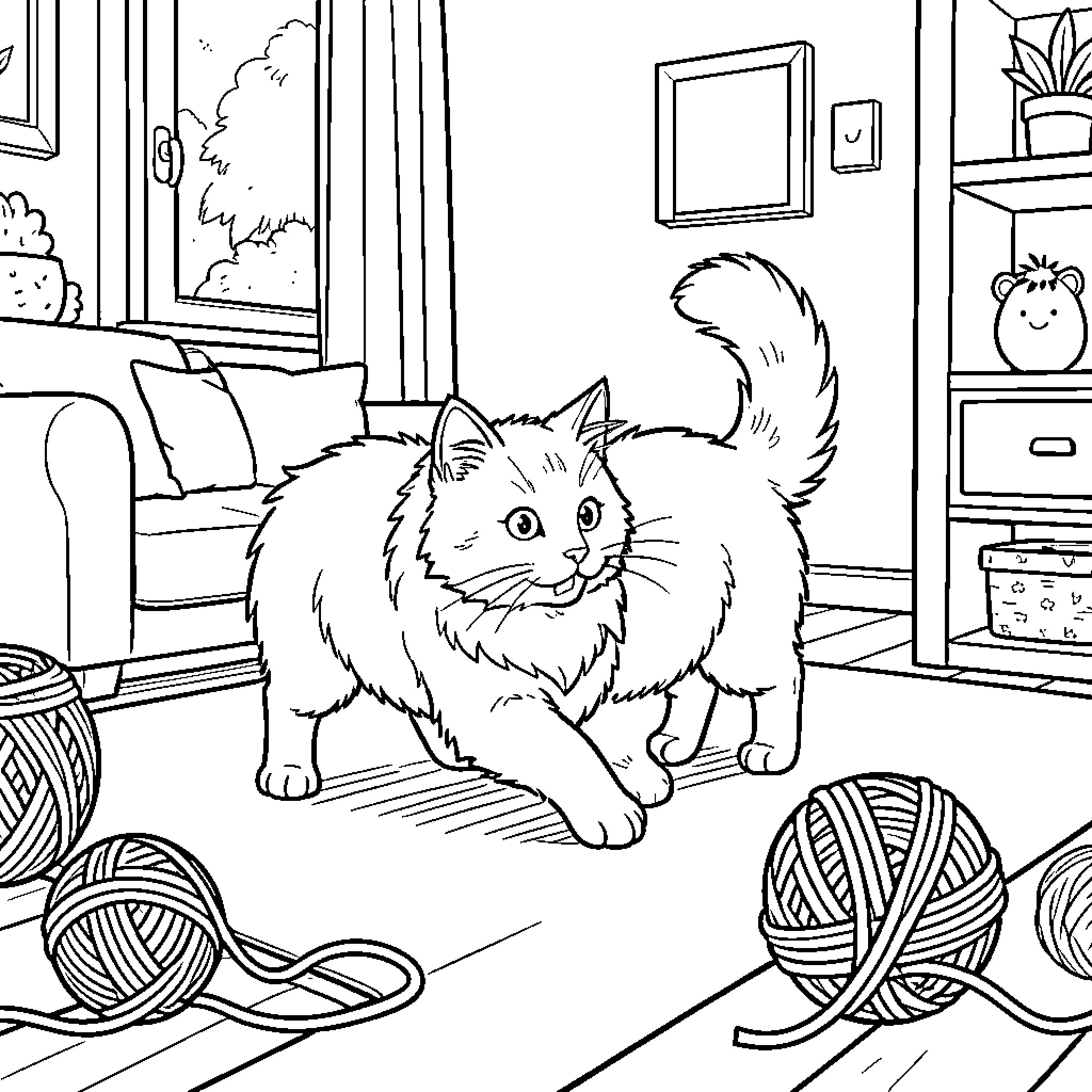 Cat playing with yarn balls in cozy home Coloring Page (free black-and-white line drawing printable PDF for all, from beginners to advanced learners, including children, teens, adults, and seniors)