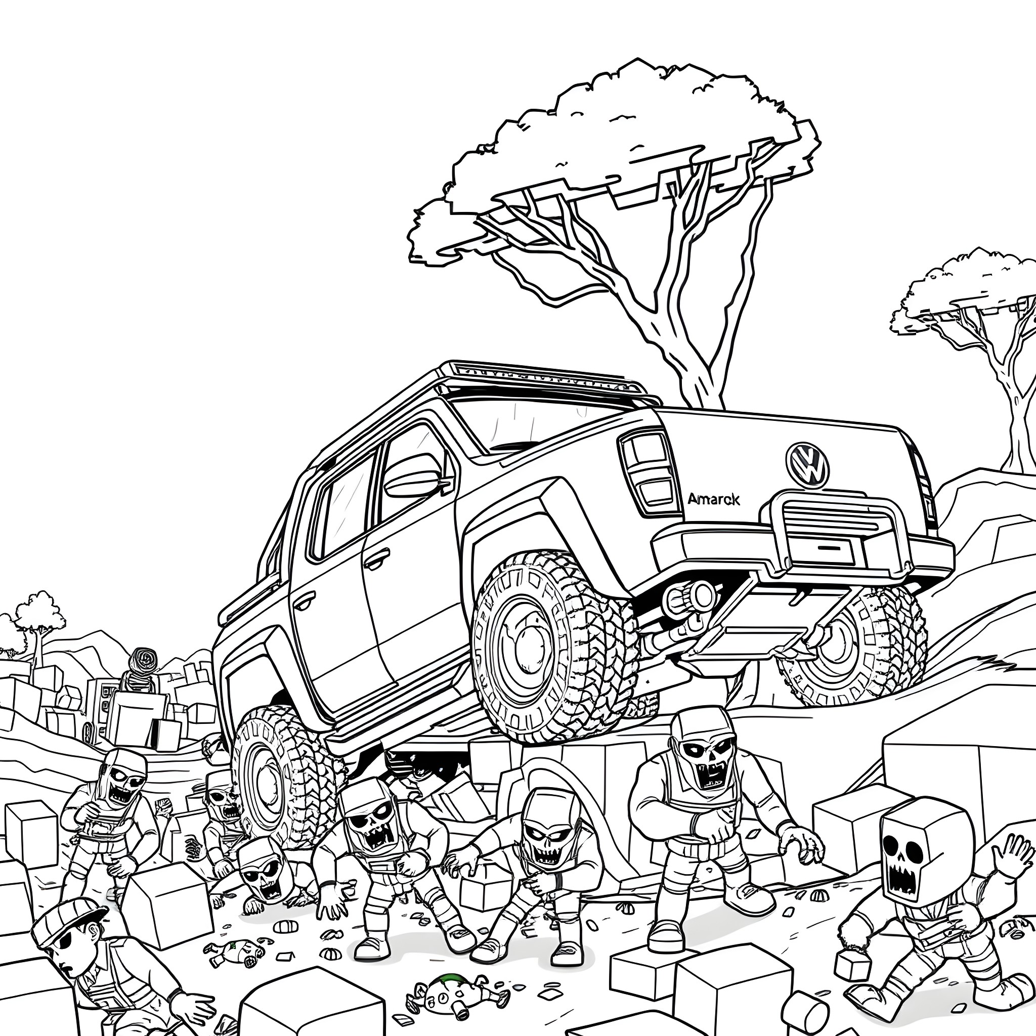 Volkswagen off-road vehicle in adventurous setting Coloring Page (free black-and-white line drawing printable PDF for all, from beginners to advanced learners, including children, teens, adults, and seniors)