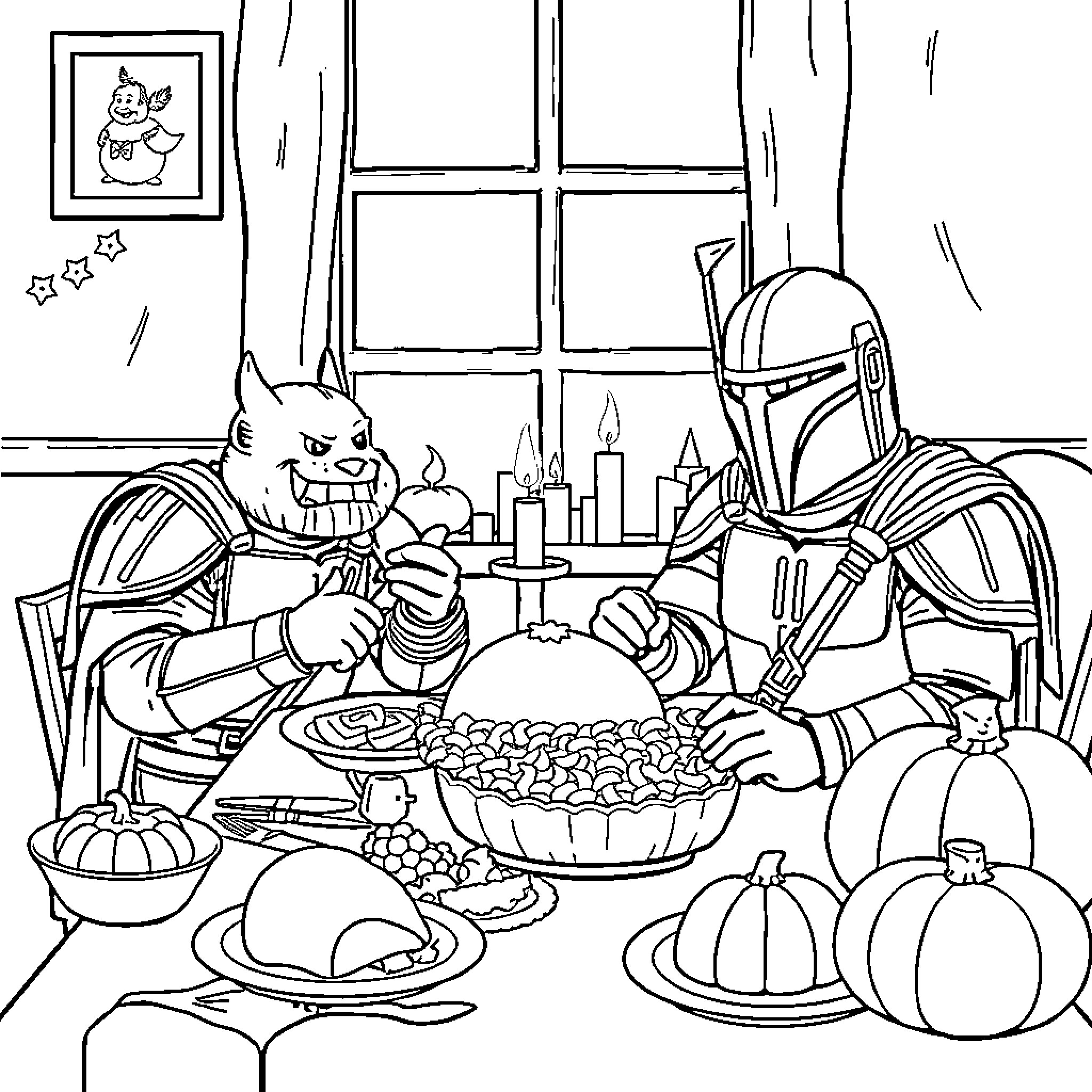 Grogu enjoys a Thanksgiving feast with friends Coloring Page (free black-and-white line drawing printable PDF for all, from beginners to advanced learners, including children, teens, adults, and seniors)