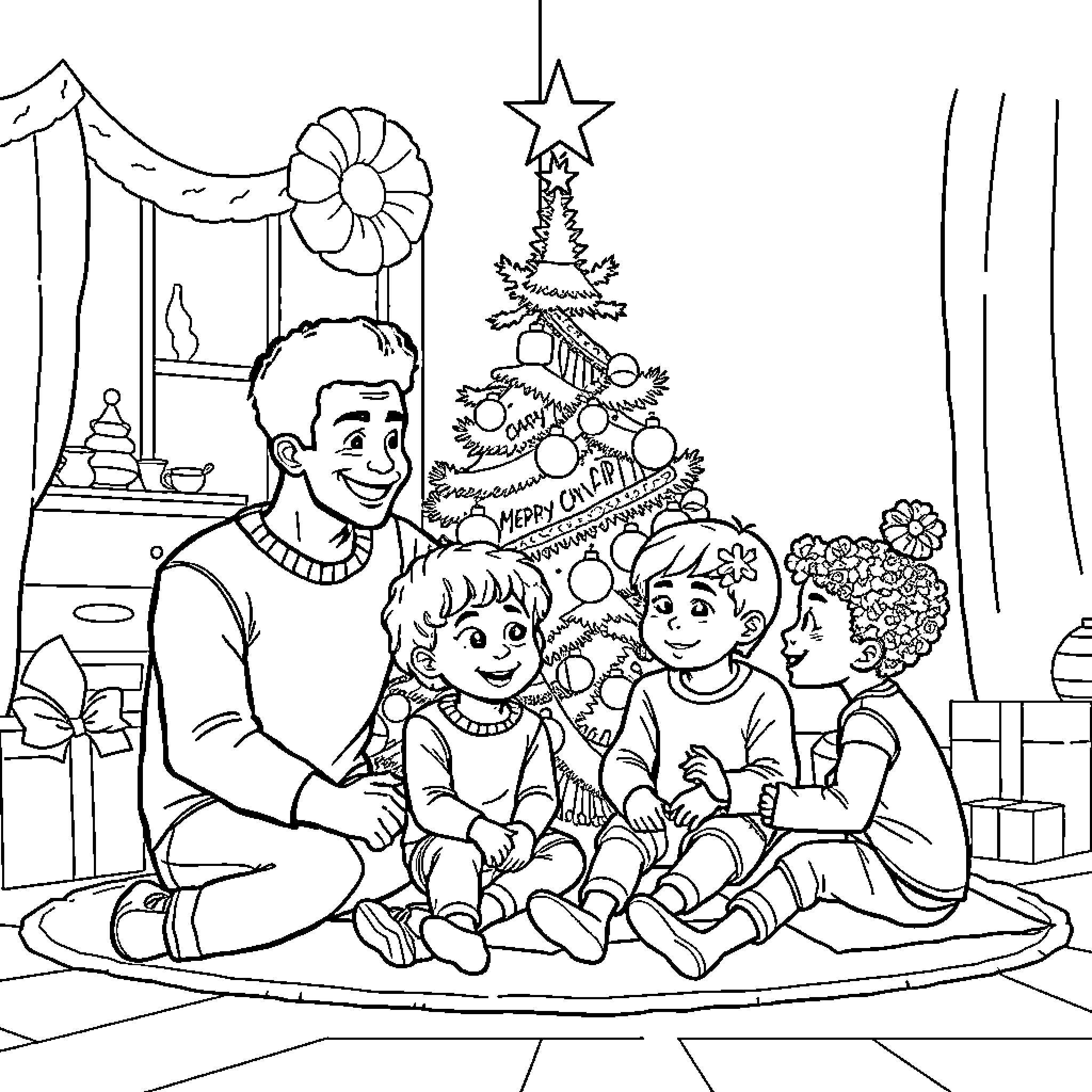 Family Celebrating Christmas Together Coloring Page (free black-and-white line drawing printable PDF for all, from beginners to advanced learners, including children, teens, adults, and seniors)