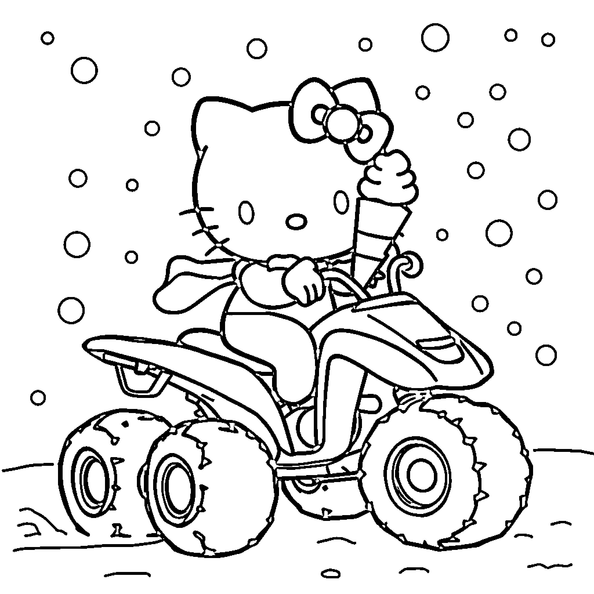 Hello Kitty riding an all-terrain vehicle in the snow Coloring Page (free black-and-white line drawing printable PDF for all, from beginners to advanced learners, including children, teens, adults, and seniors)