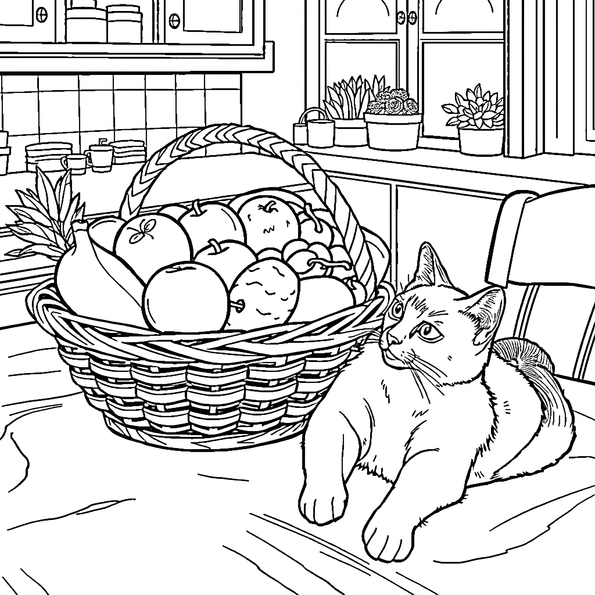 Cat observing a basket of fruits Coloring Page (free black-and-white line drawing printable PDF for all, from beginners to advanced learners, including children, teens, adults, and seniors)