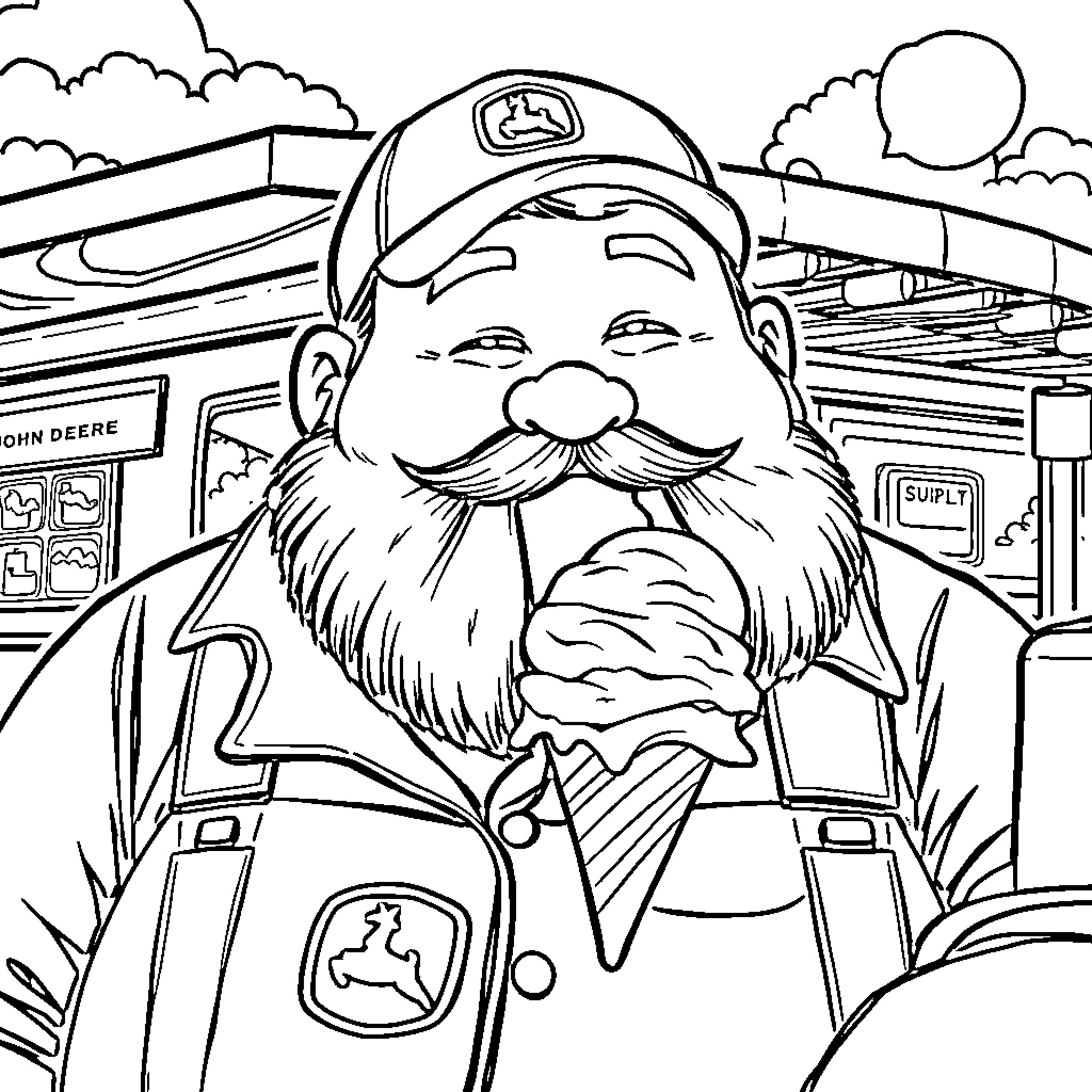 John Deere worker smiling with farm equipment in the background Coloring Page (free black-and-white line drawing printable PDF for all, from beginners to advanced learners, including children, teens, adults, and seniors)