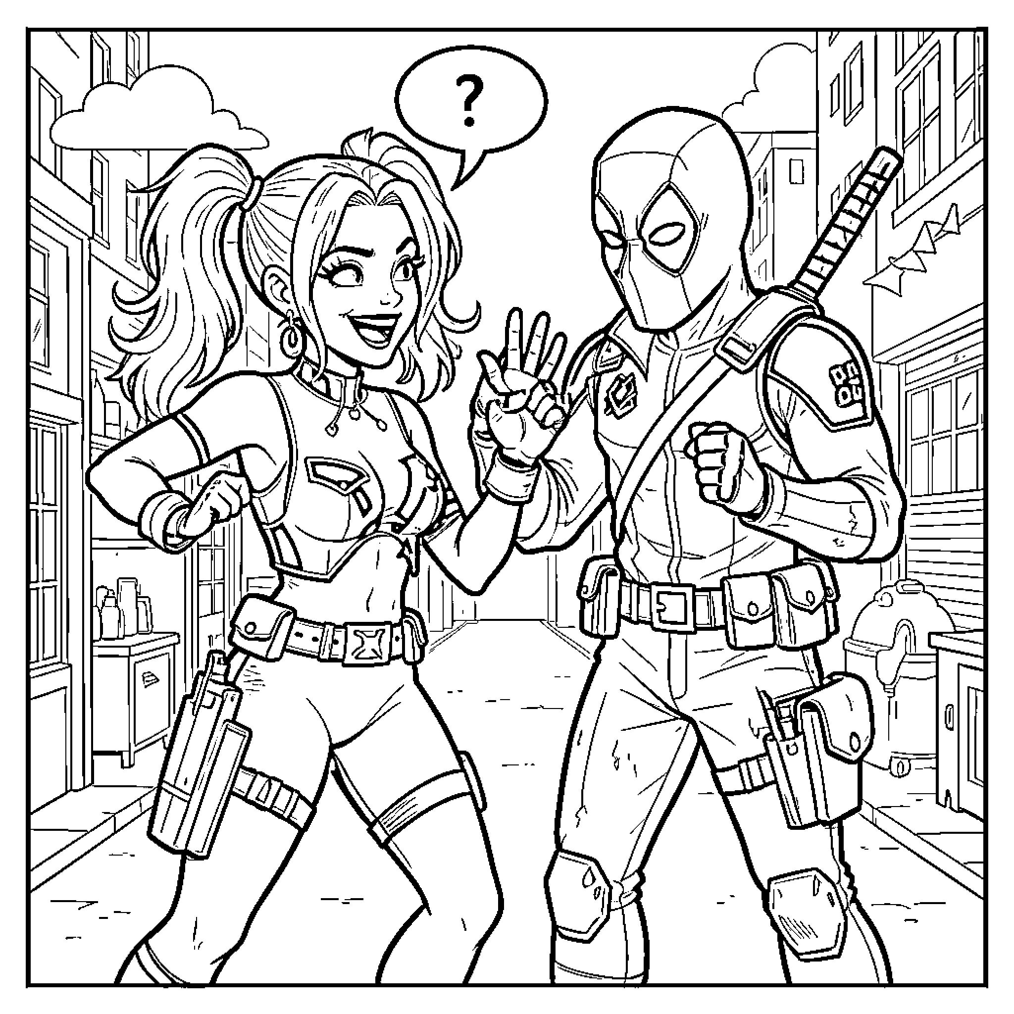 Harley Quinn and Deadpool high-fiving in a city street Coloring Page (free black-and-white line drawing printable PDF for all, from beginners to advanced learners, including children, teens, adults, and seniors)