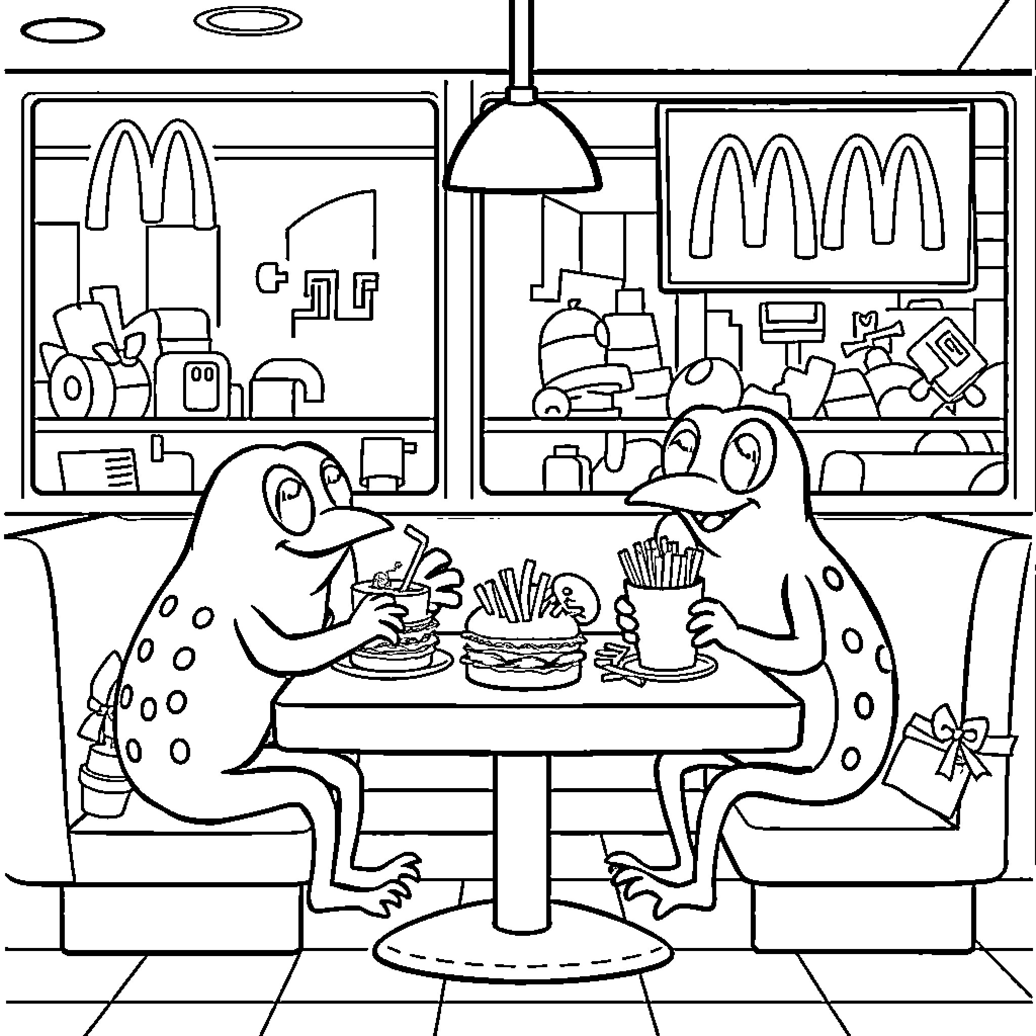 Patrouille of Friendly Frogs Dining in Fast Food Restaurant Coloring Page (free black-and-white line drawing printable PDF for all, from beginners to advanced learners, including children, teens, adults, and seniors)