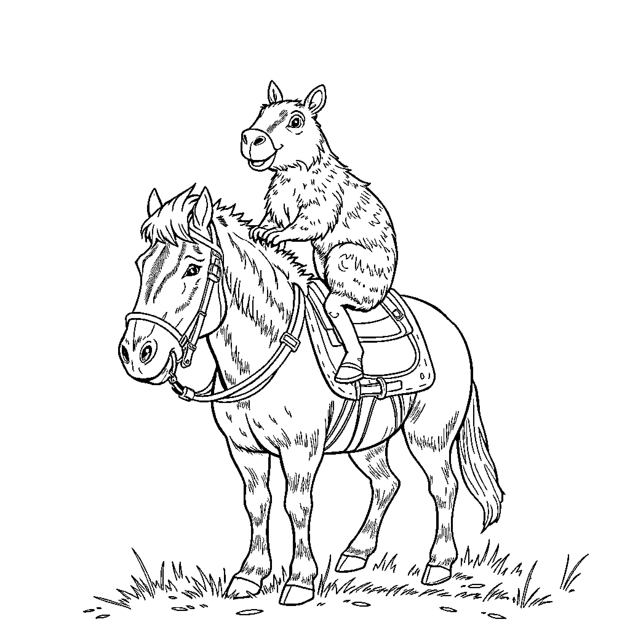 Capybara riding a horse in the field Coloring Page (free black-and-white line drawing printable PDF for all, from beginners to advanced learners, including children, teens, adults, and seniors)