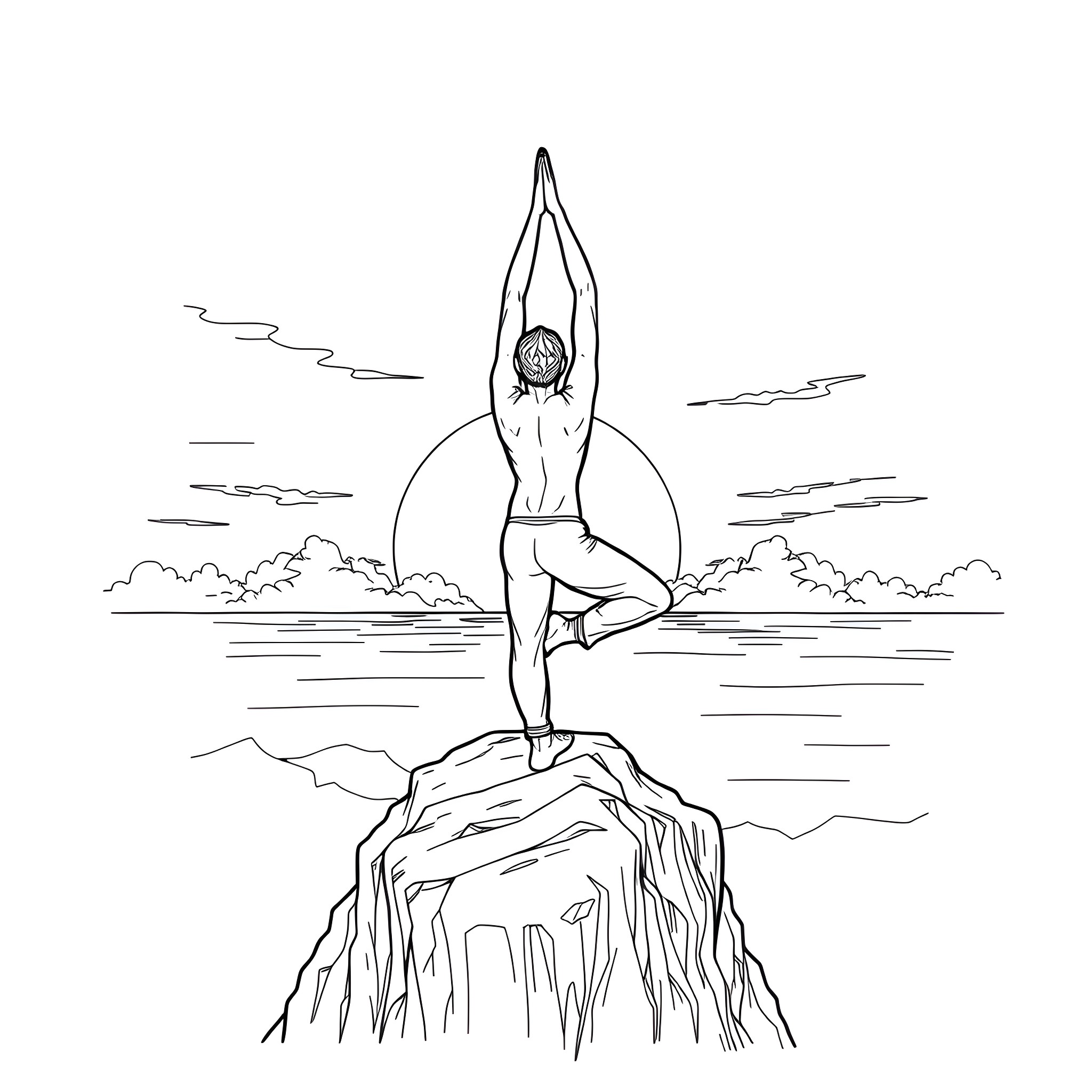 Yogi meditating peacefully on a cliff overlooking the sea Coloring Page (free black-and-white line drawing printable PDF for all, from beginners to advanced learners, including children, teens, adults, and seniors)