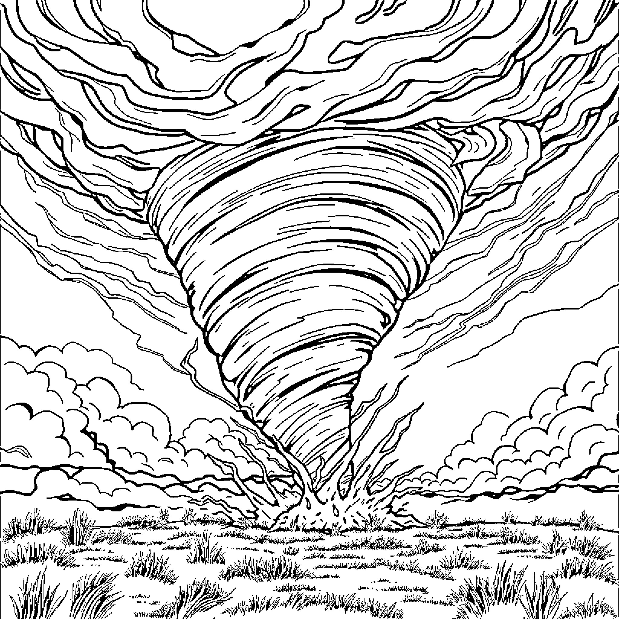 Tornado Swirling Through Stormy Landscape Coloring Page (free black-and-white line drawing printable PDF for all, from beginners to advanced learners, including children, teens, adults, and seniors)