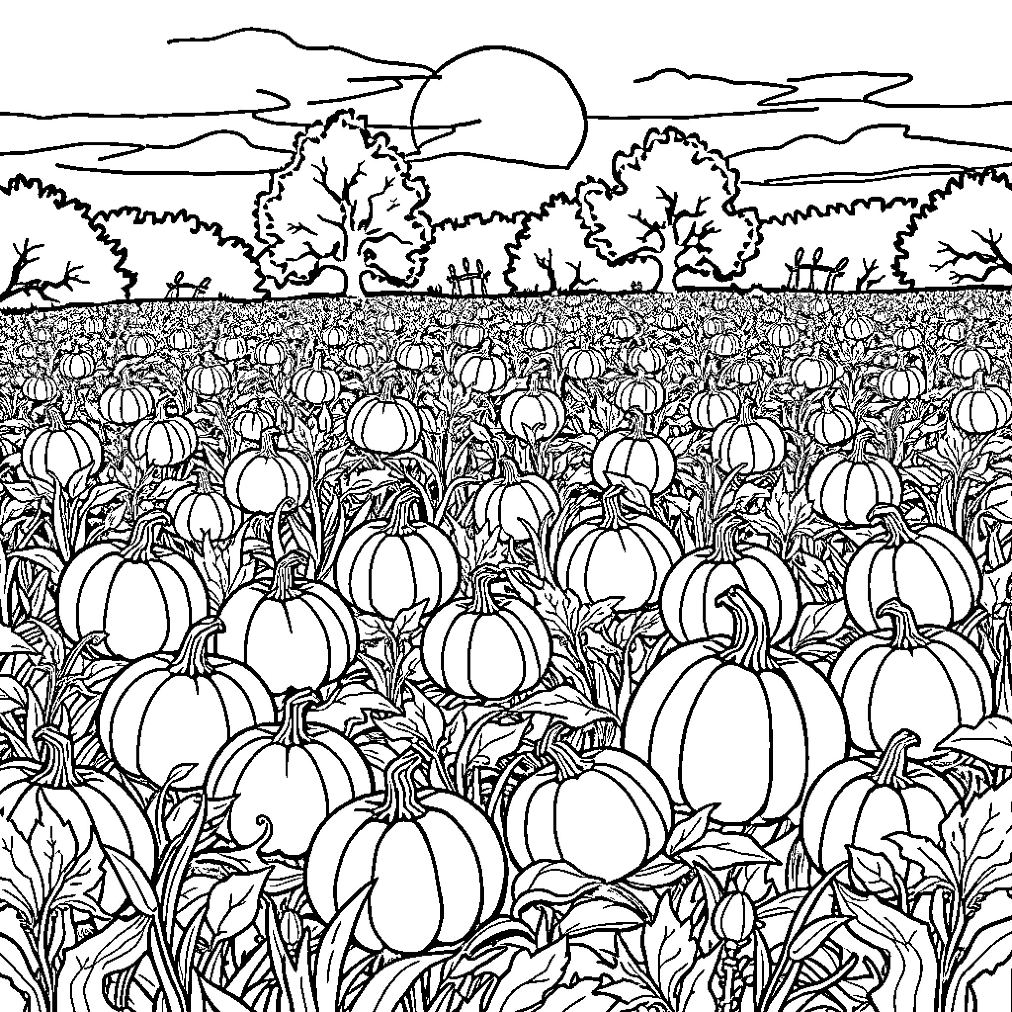 Pumpkin Patch in the Countryside Coloring Page (free black-and-white line drawing printable PDF for all, from beginners to advanced learners, including children, teens, adults, and seniors)