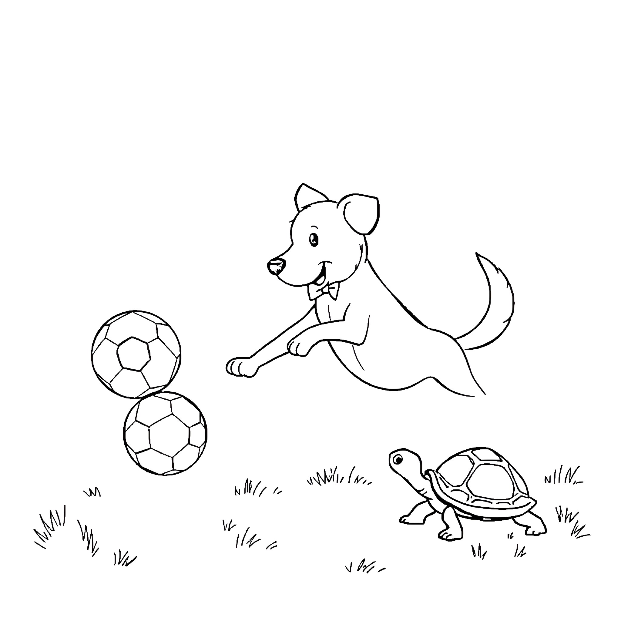 Dog playing with soccer balls and turtle in the park Coloring Page (free black-and-white line drawing printable PDF for all, from beginners to advanced learners, including children, teens, adults, and seniors)