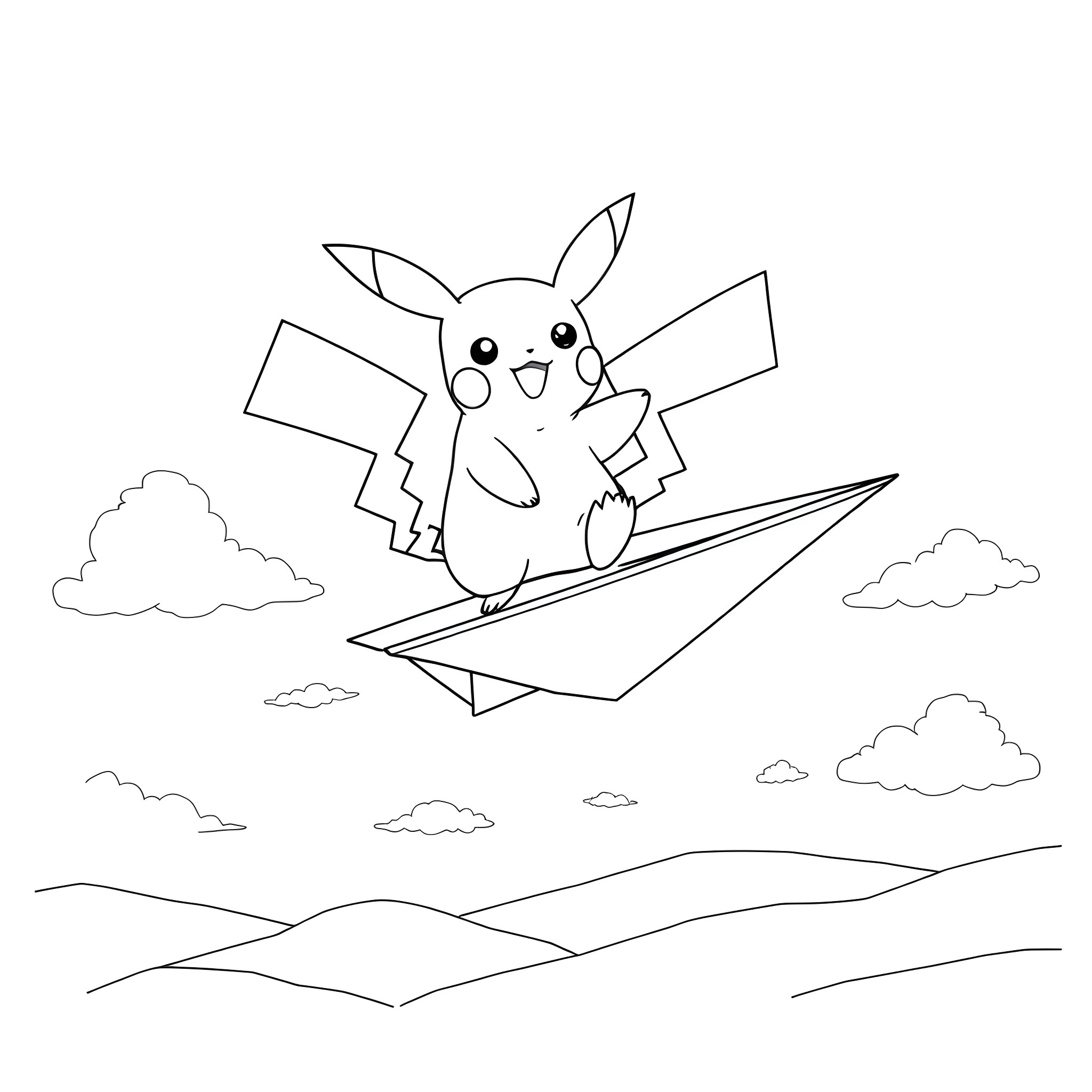 Pikachu surfing happily on a paper airplane Coloring Page (free black-and-white line drawing printable PDF for all, from beginners to advanced learners, including children, teens, adults, and seniors)