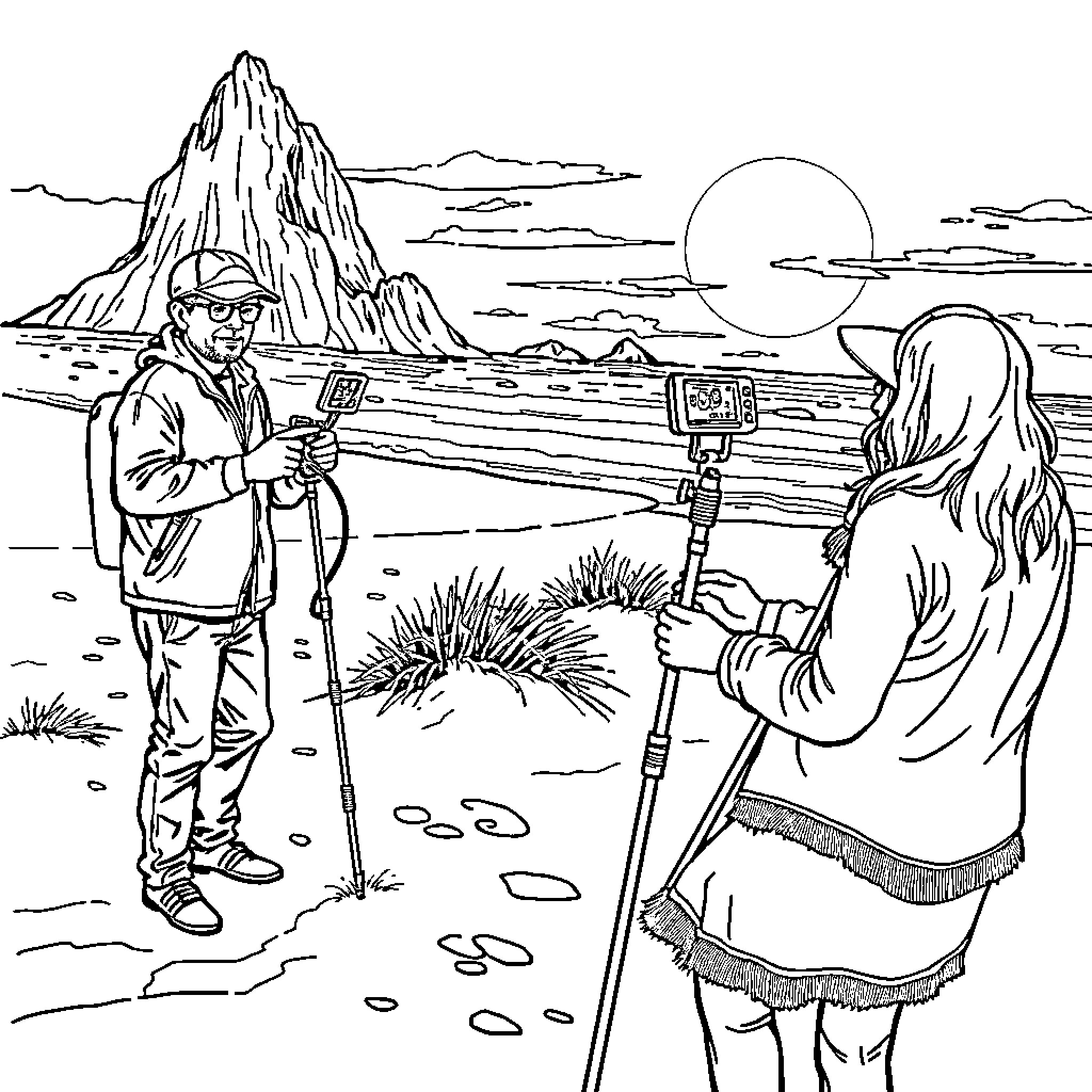 Metal Detector Treasure Hunting in Scenic Landscape Coloring Page (free black-and-white line drawing printable PDF for all, from beginners to advanced learners, including children, teens, adults, and seniors)