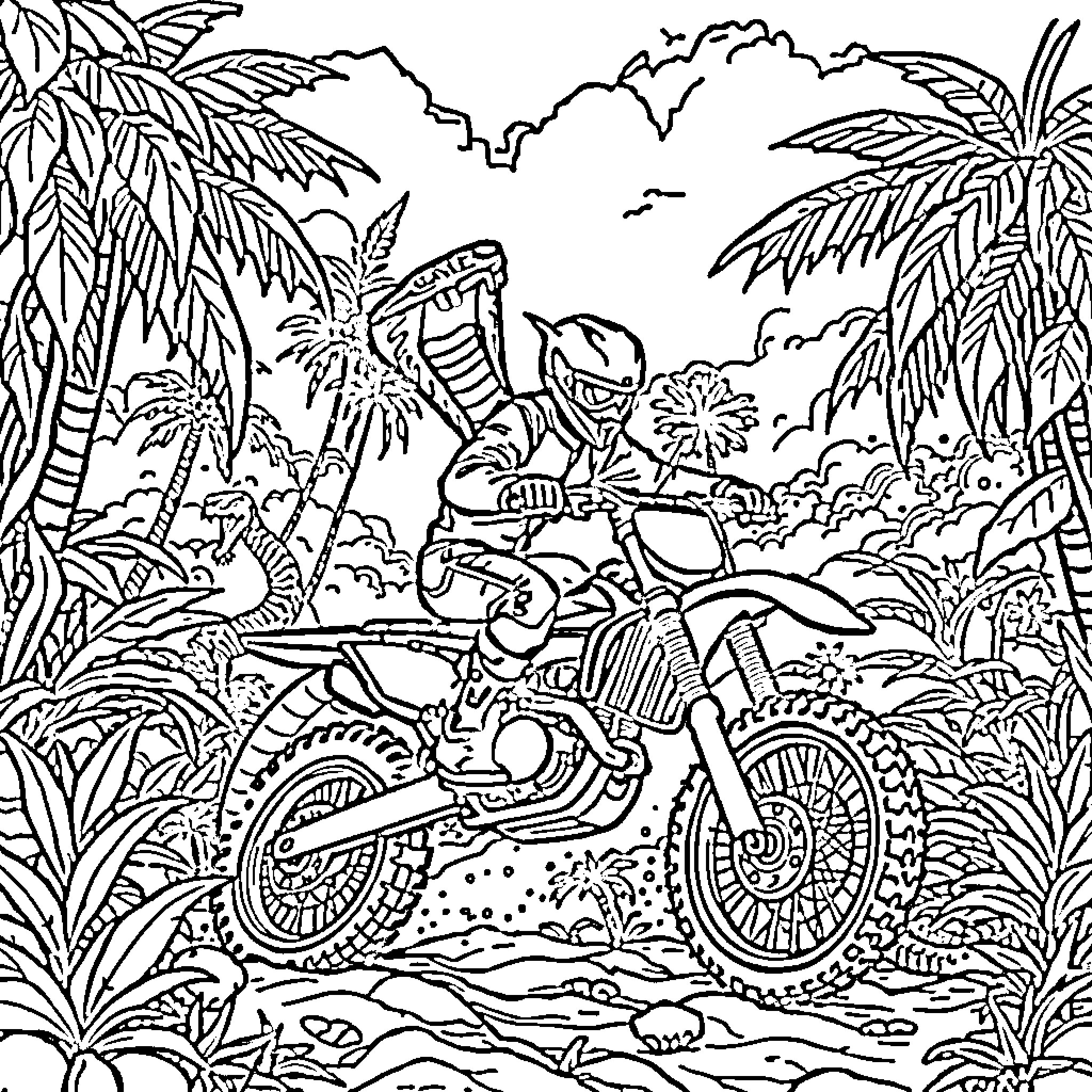 King Cobra riding a motorcycle through the jungle Coloring Page (free black-and-white line drawing printable PDF for all, from beginners to advanced learners, including children, teens, adults, and seniors)