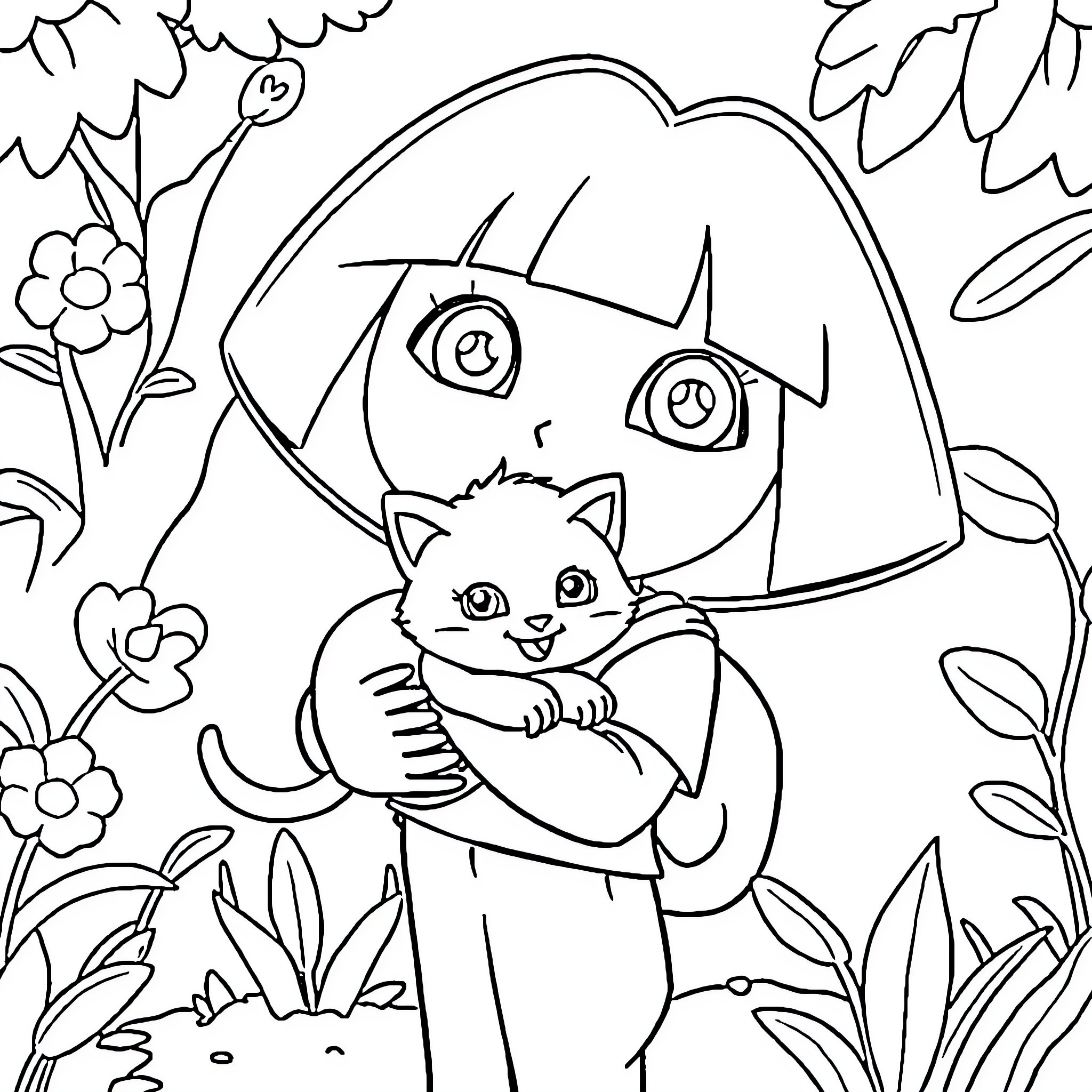 Dora exploring the forest with her pet cat Coloring Page (free black-and-white line drawing printable PDF for all, from beginners to advanced learners, including children, teens, adults, and seniors)