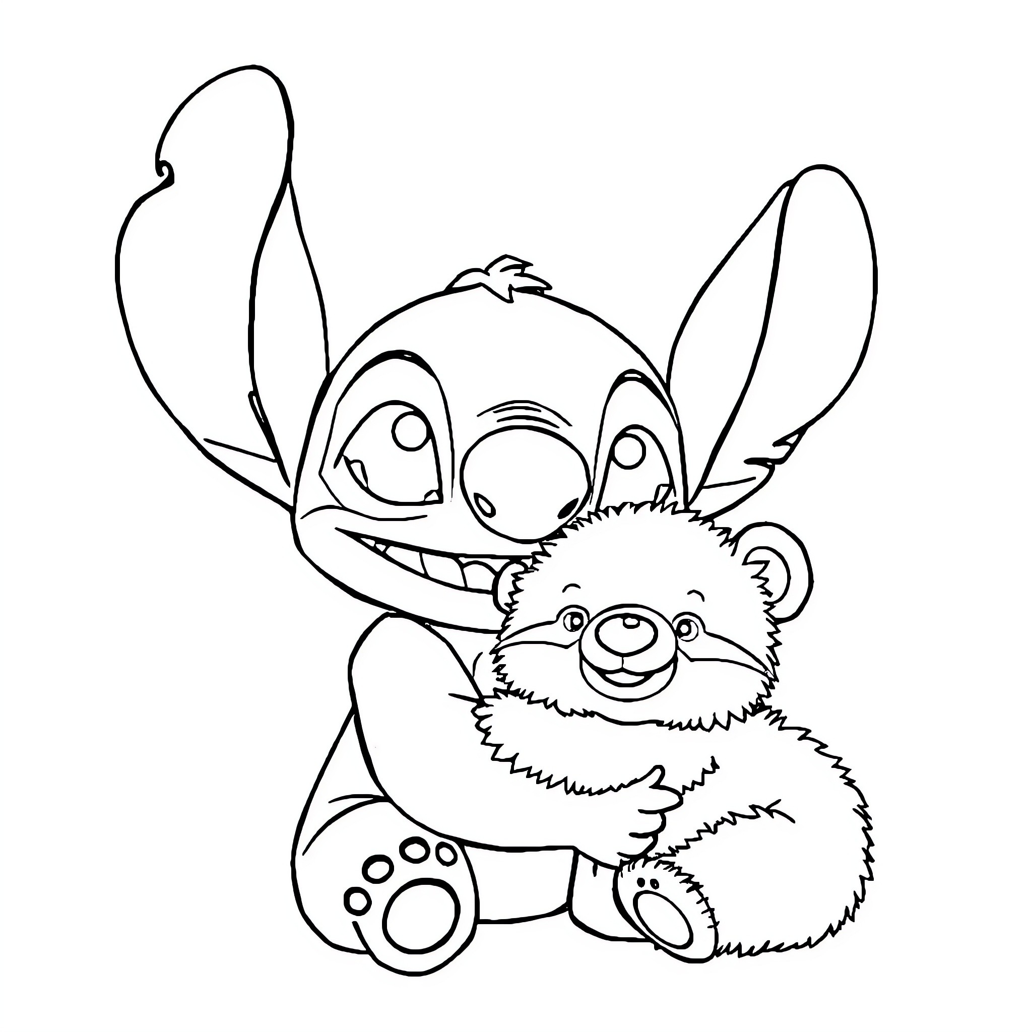 Stitch embracing a furry companion Coloring Page (free black-and-white line drawing printable PDF for all, from beginners to advanced learners, including children, teens, adults, and seniors)
