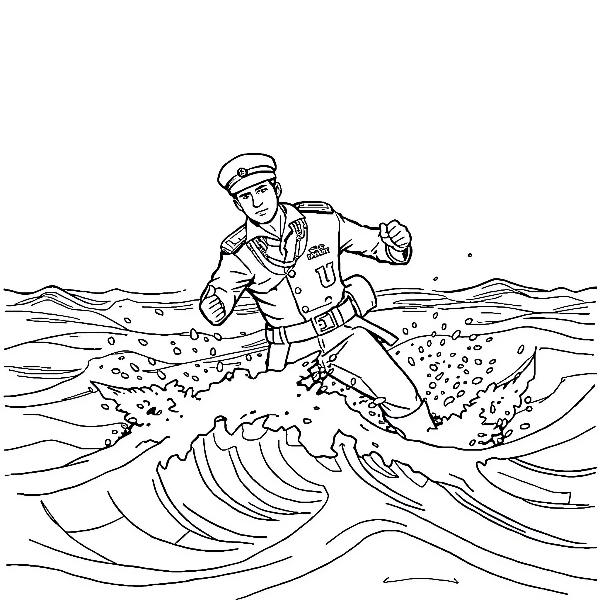 Marine officer navigating rough waters in uniform Coloring Page (free black-and-white line drawing printable PDF for all, from beginners to advanced learners, including children, teens, adults, and seniors)