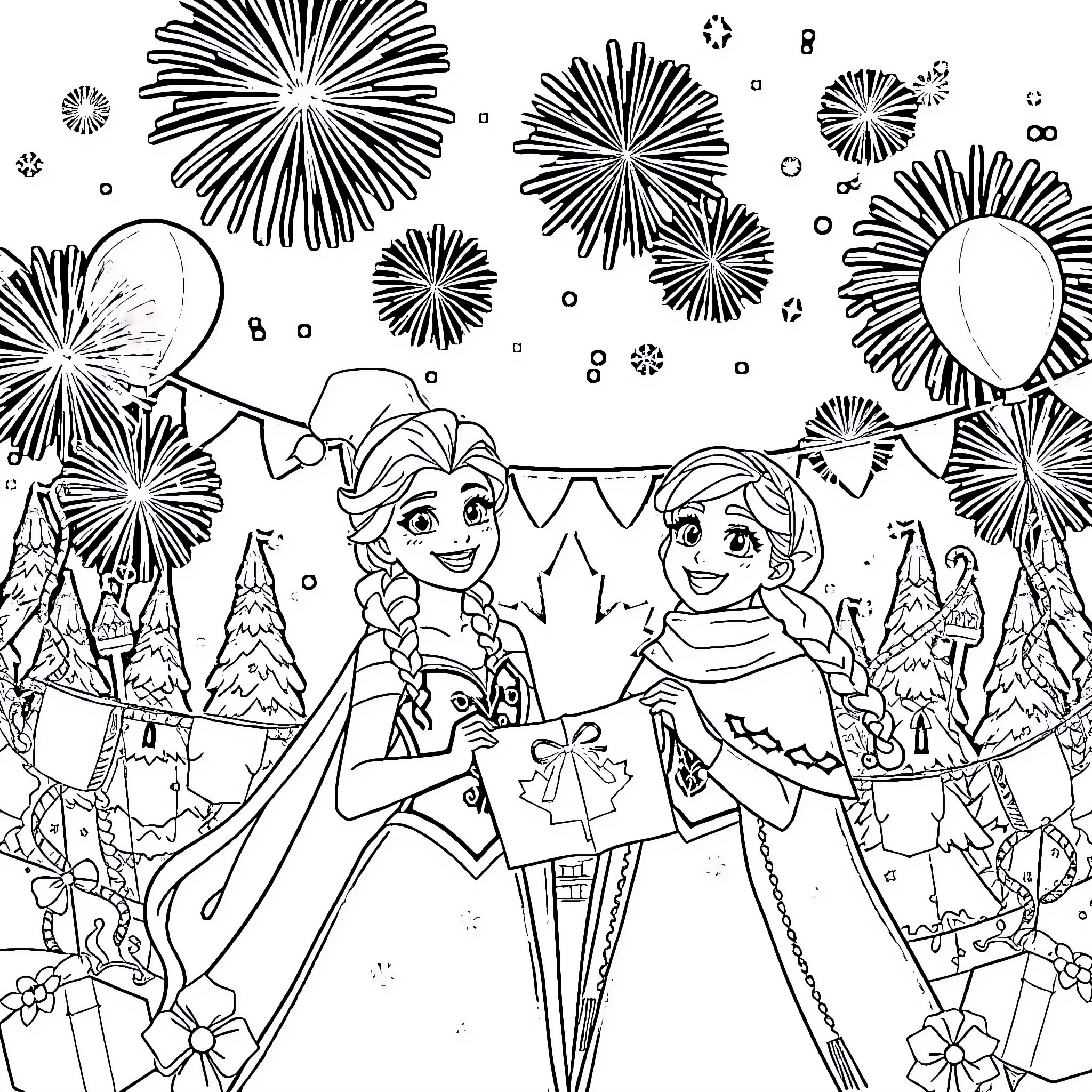 Frozen Characters Celebrate Joyous Occasion with Festive Displays Coloring Page (free black-and-white line drawing printable PDF for all, from beginners to advanced learners, including children, teens, adults, and seniors)