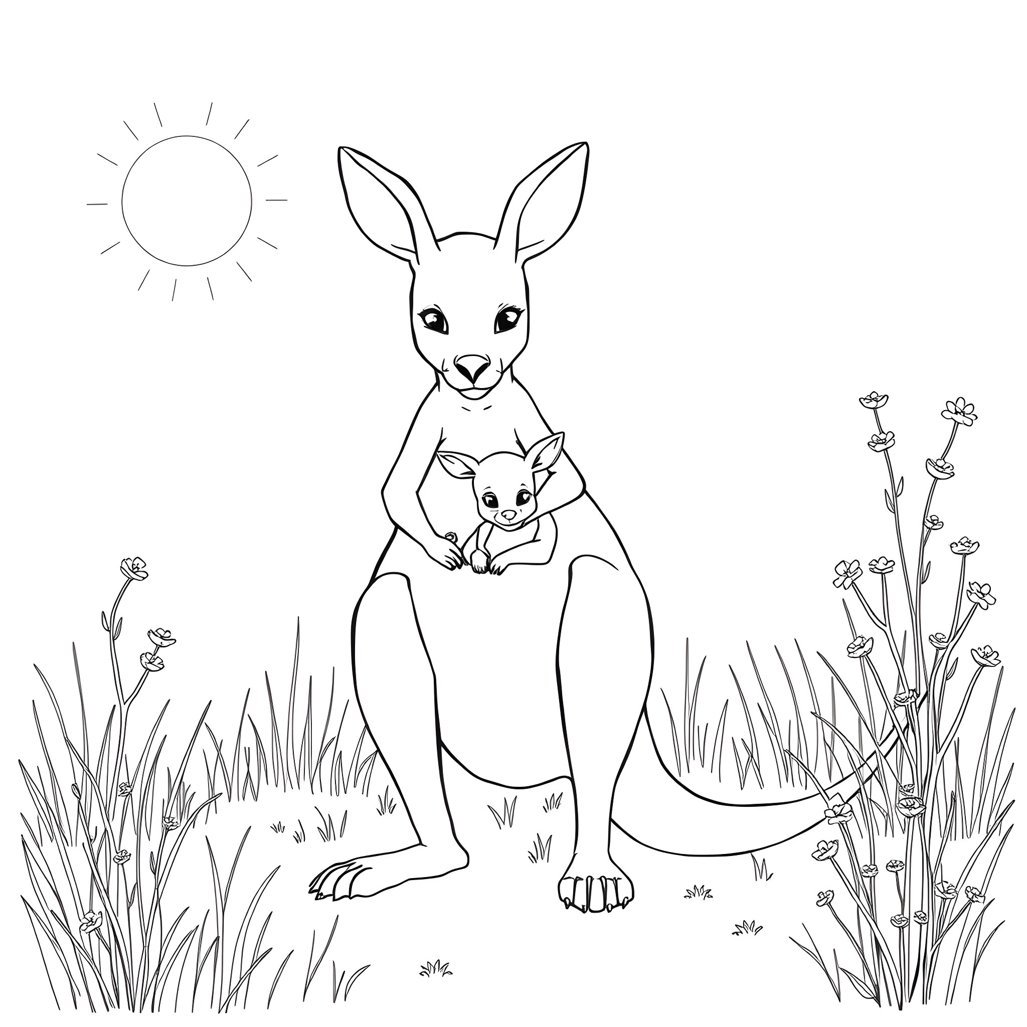 Kangaroo carrying a baby joey in the grass Coloring Page (free black-and-white line drawing printable PDF for all, from beginners to advanced learners, including children, teens, adults, and seniors)