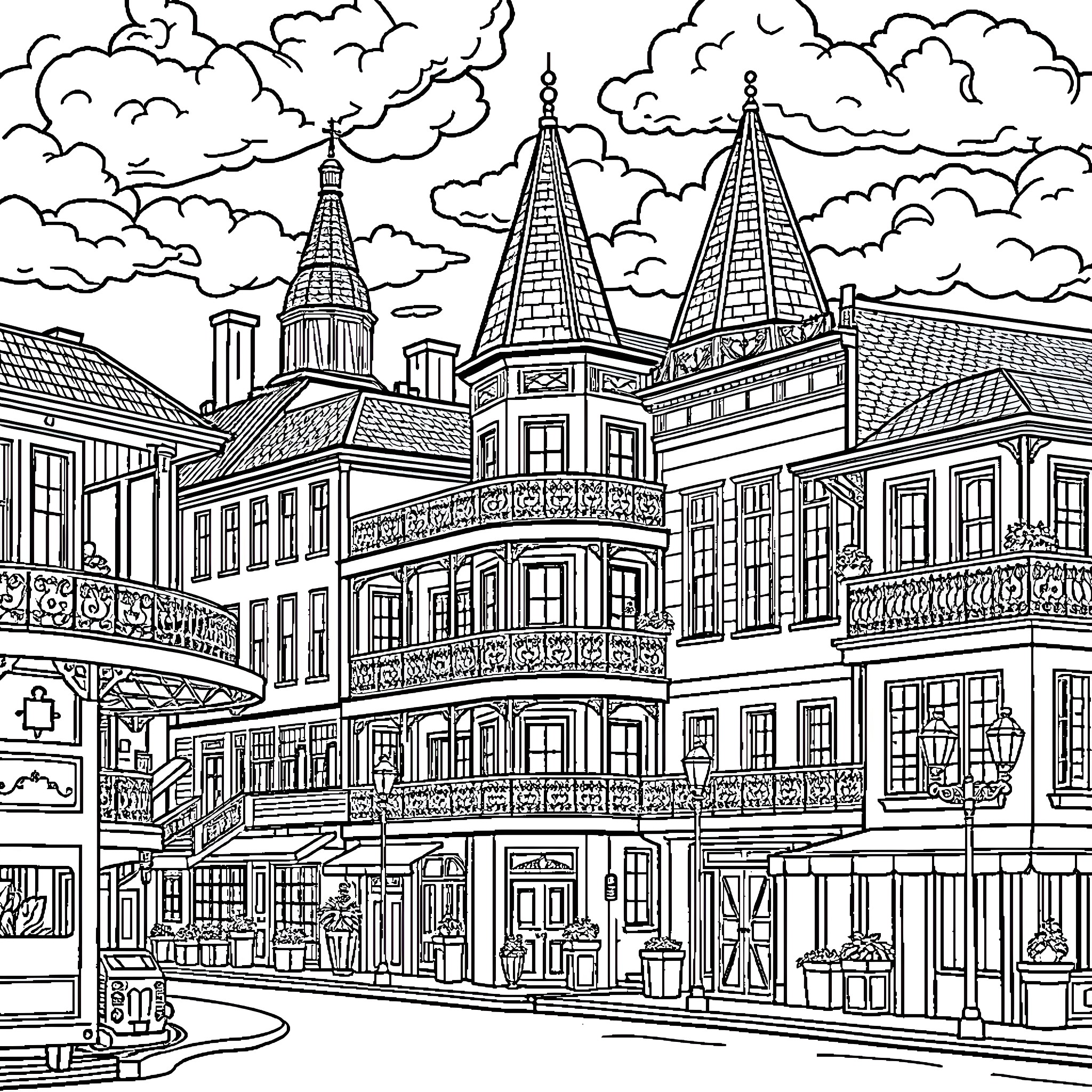 New Orleans Cityscape with Ornate Buildings and Spires Coloring Page (free black-and-white line drawing printable PDF for all, from beginners to advanced learners, including children, teens, adults, and seniors)