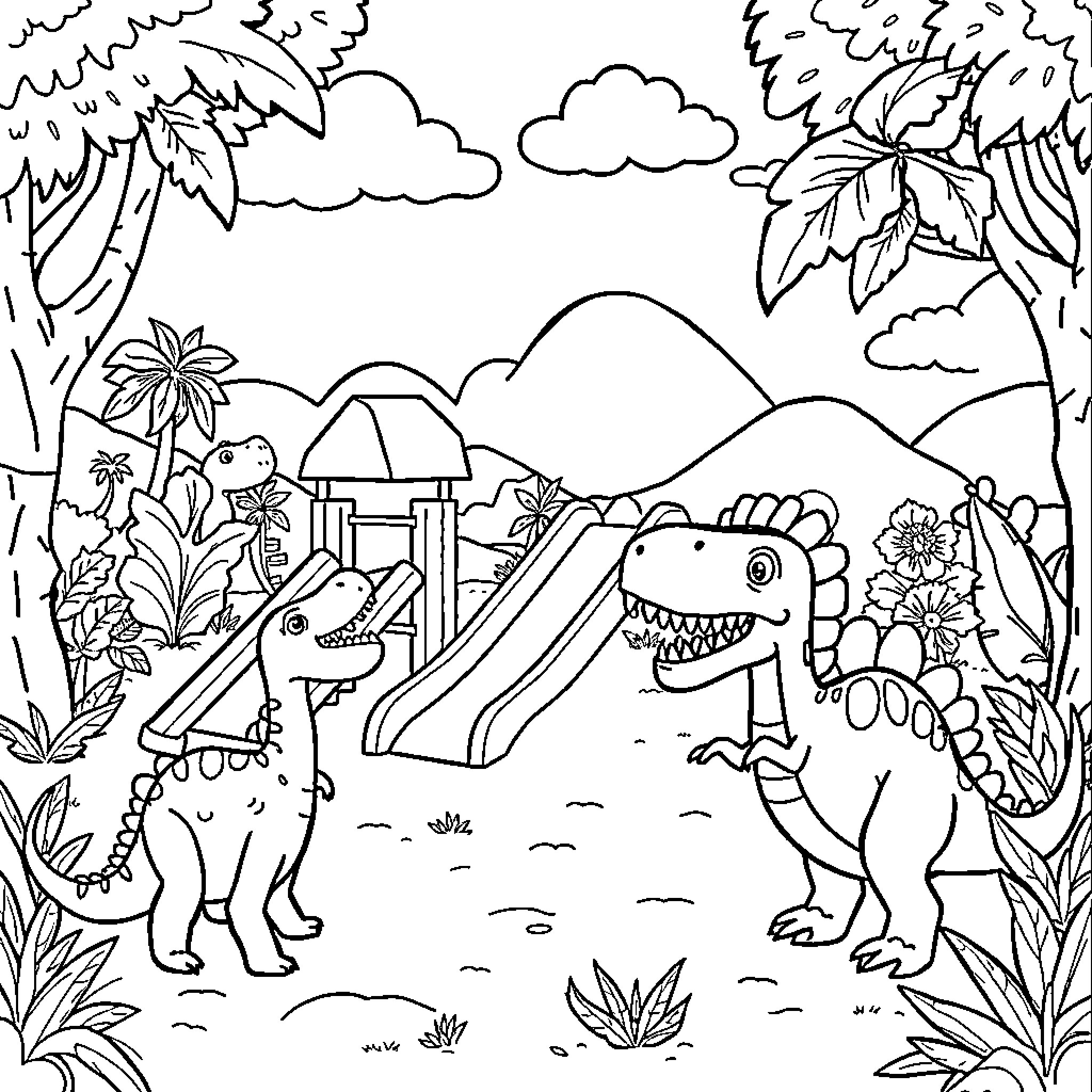 Dinosaur playing in a tropical jungle playground Coloring Page (free black-and-white line drawing printable PDF for all, from beginners to advanced learners, including children, teens, adults, and seniors)
