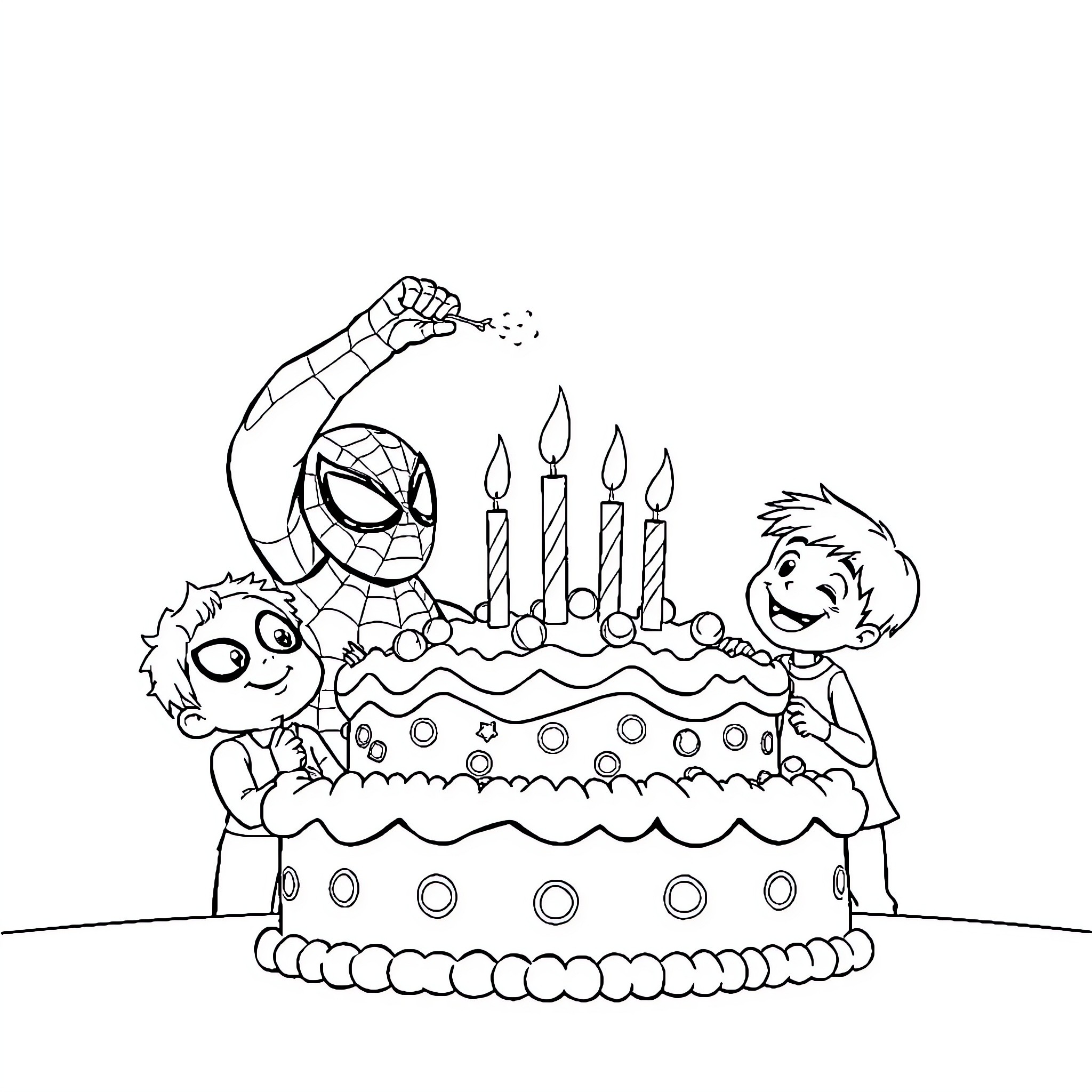 Spiderman Celebrates Birthday with Friends Coloring Page (free black-and-white line drawing printable PDF for all, from beginners to advanced learners, including children, teens, adults, and seniors)