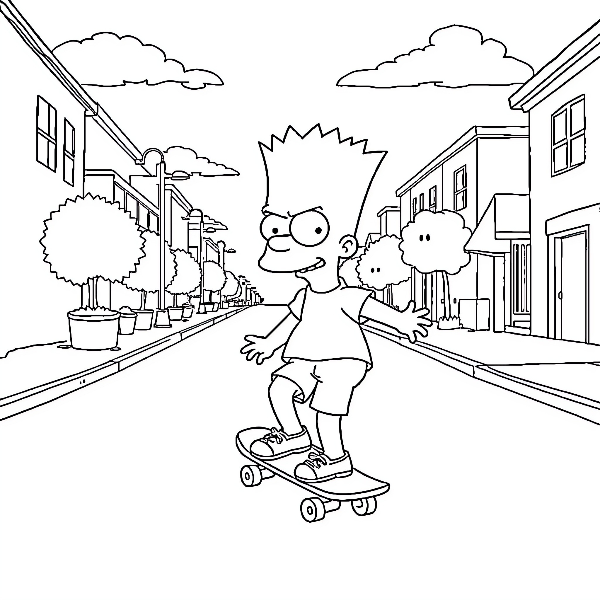 Bart Simpson skateboarding down the city street Coloring Page (free black-and-white line drawing printable PDF for all, from beginners to advanced learners, including children, teens, adults, and seniors)