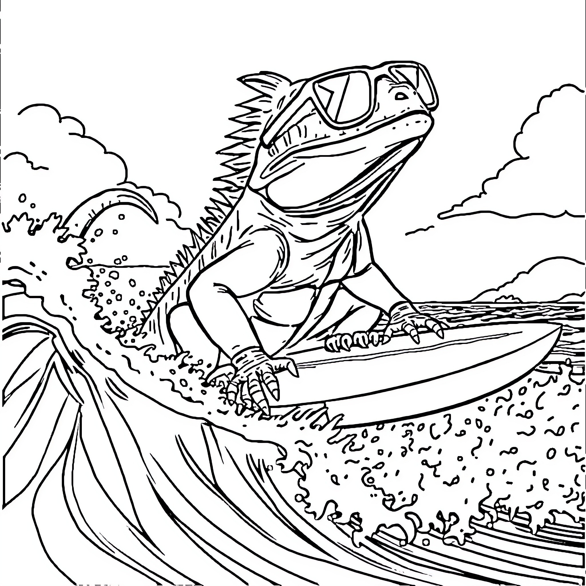 Iguana riding a surfboard in the ocean Coloring Page (free black-and-white line drawing printable PDF for all, from beginners to advanced learners, including children, teens, adults, and seniors)