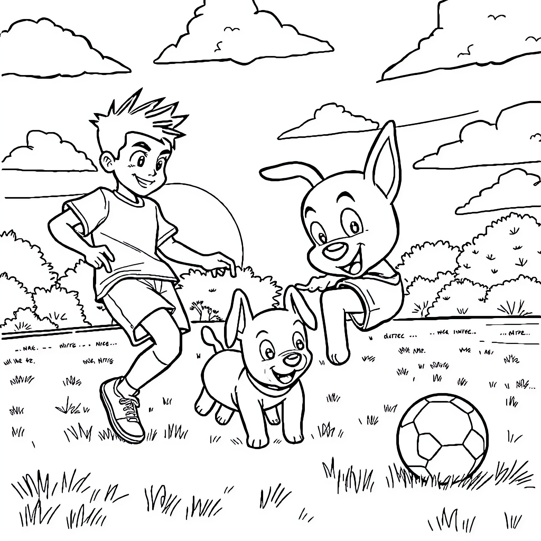 Miles Morales playing with his pet dogs in the park Coloring Page (free black-and-white line drawing printable PDF for all, from beginners to advanced learners, including children, teens, adults, and seniors)