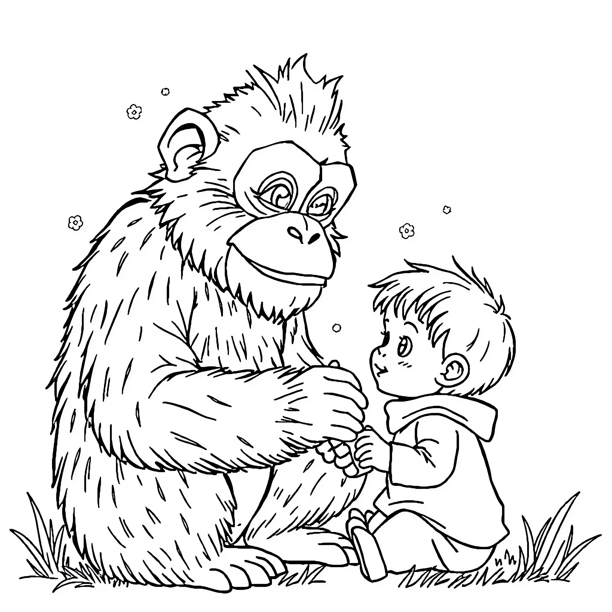Kiné's Friendly Encounter with a Young Companion Coloring Page (free black-and-white line drawing printable PDF for all, from beginners to advanced learners, including children, teens, adults, and seniors)