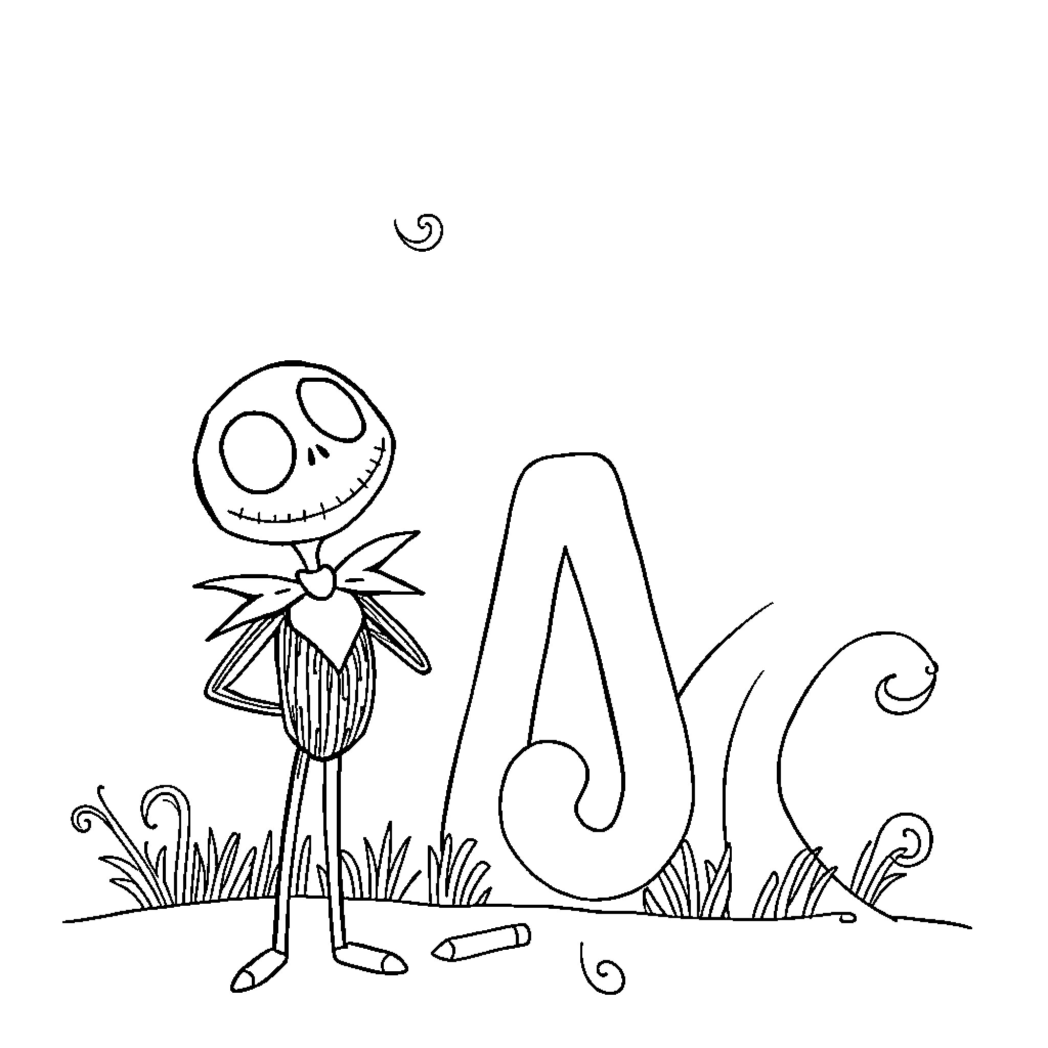 Jack Skellington exploring a whimsical landscape Coloring Page (free black-and-white line drawing printable PDF for all, from beginners to advanced learners, including children, teens, adults, and seniors)