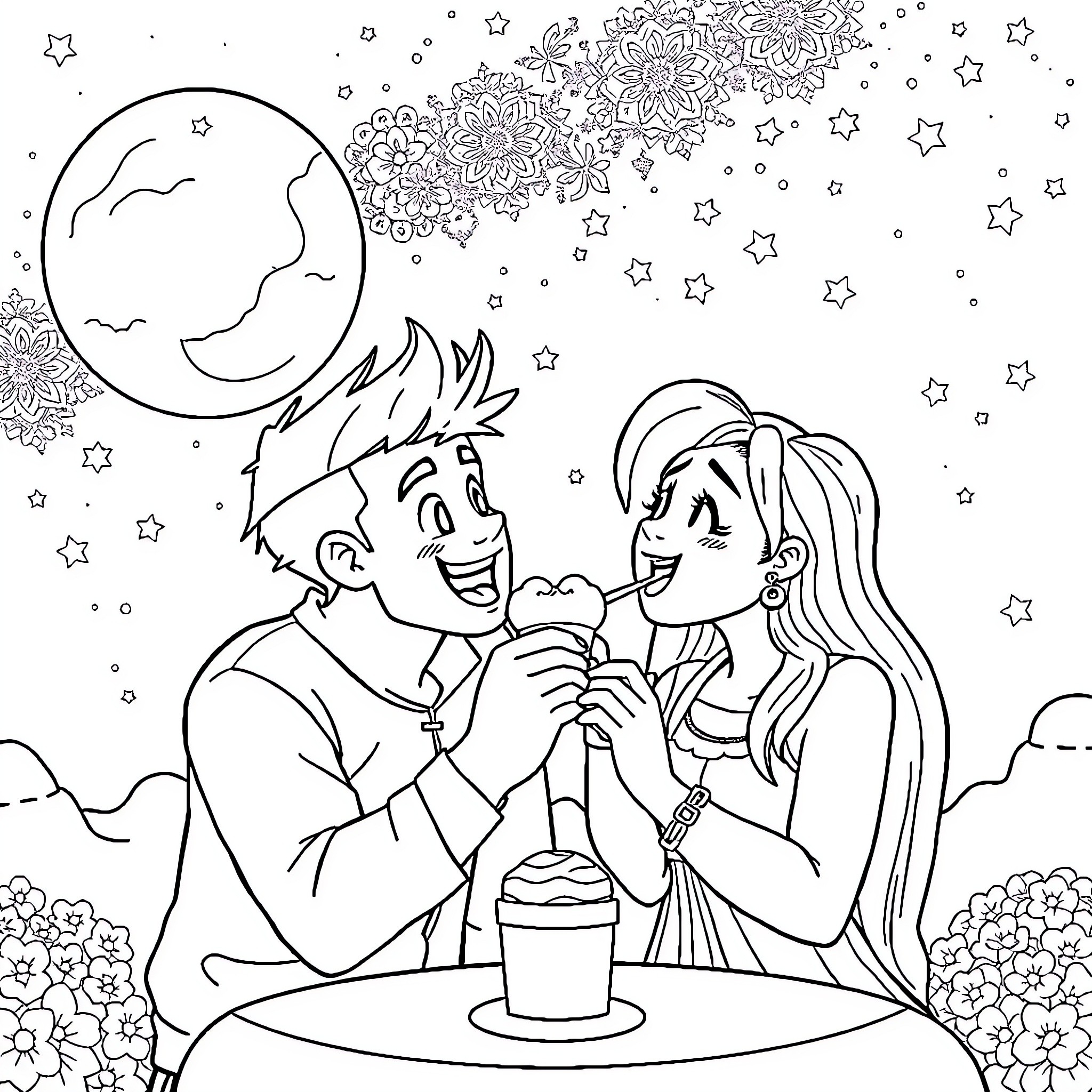 Jax and Ally's Starry Night Rendezvous Coloring Page (free black-and-white line drawing printable PDF for all, from beginners to advanced learners, including children, teens, adults, and seniors)