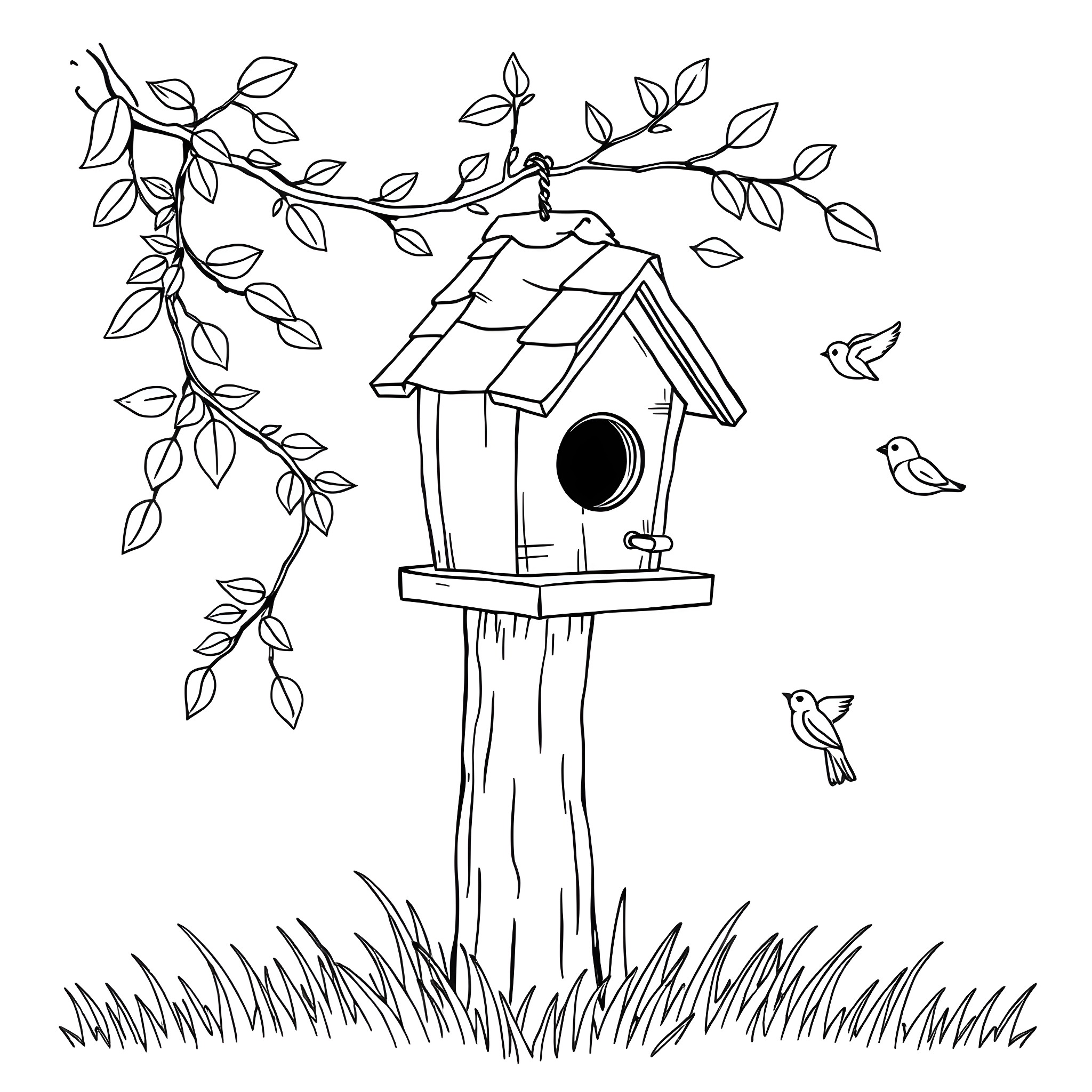 Birdhouse surrounded by nature and birds Coloring Page (free black-and-white line drawing printable PDF for all, from beginners to advanced learners, including children, teens, adults, and seniors)