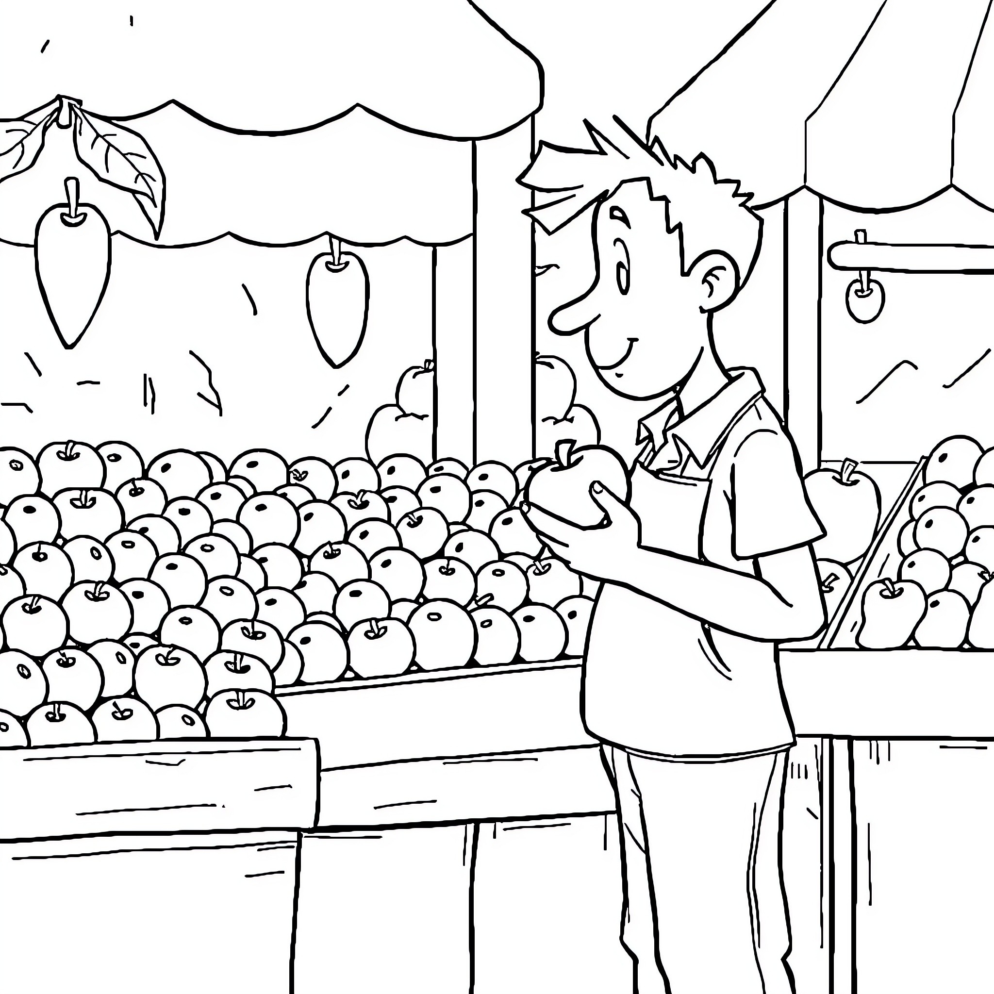 Apple seller arranging and displaying apples at market Coloring Page (free black-and-white line drawing printable PDF for all, from beginners to advanced learners, including children, teens, adults, and seniors)