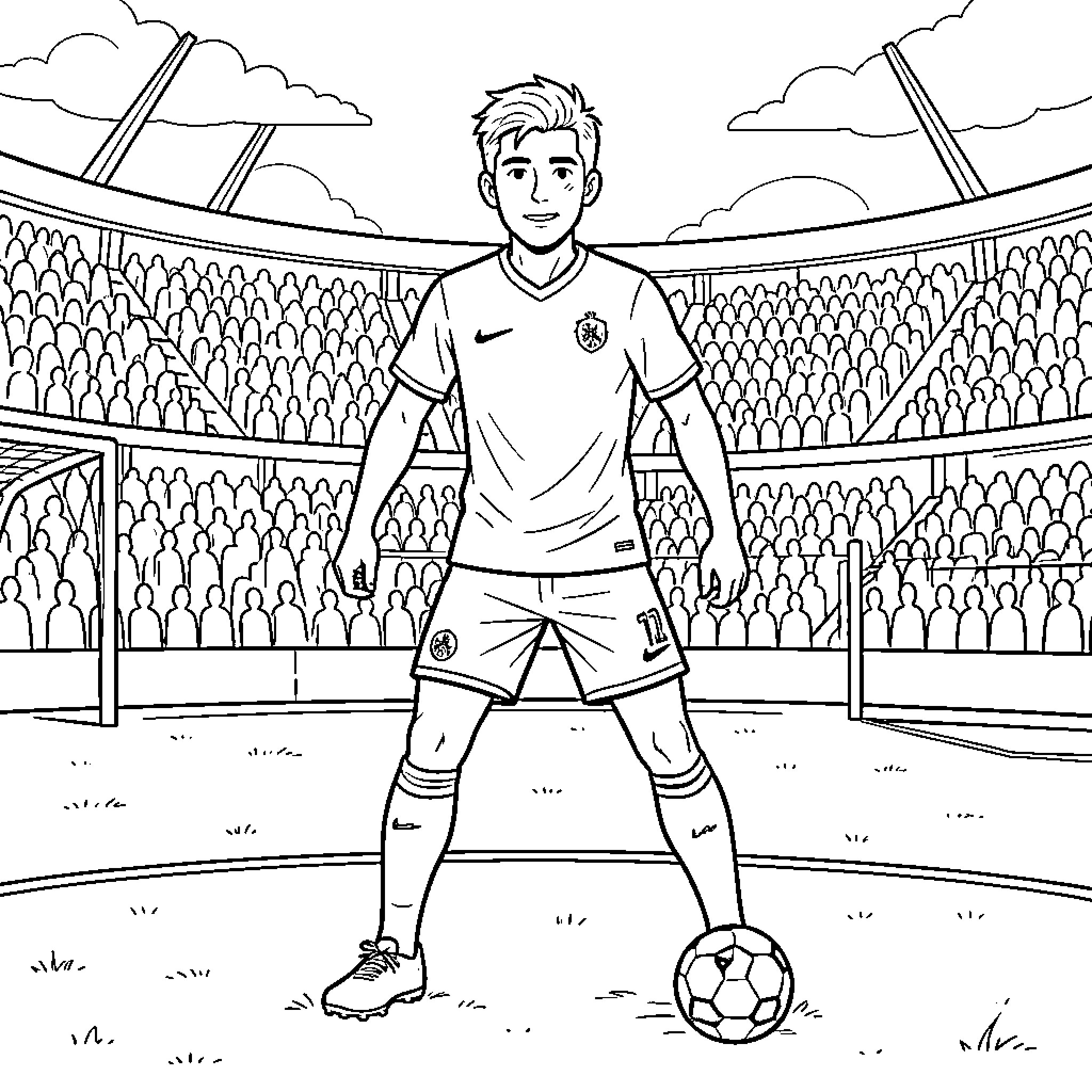 Szoboszlai Dominik standing on a football pitch Coloring Page (free black-and-white line drawing printable PDF for all, from beginners to advanced learners, including children, teens, adults, and seniors)