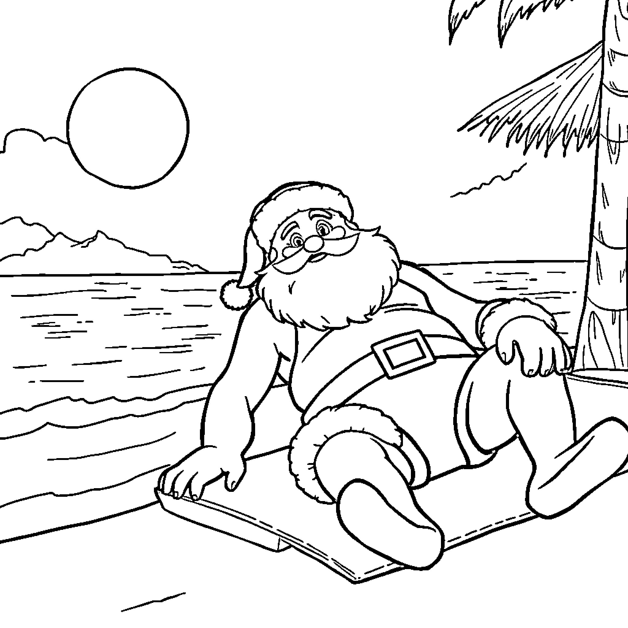 Santa relaxing on a beach chair Coloring Page (free black-and-white line drawing printable PDF for all, from beginners to advanced learners, including children, teens, adults, and seniors)