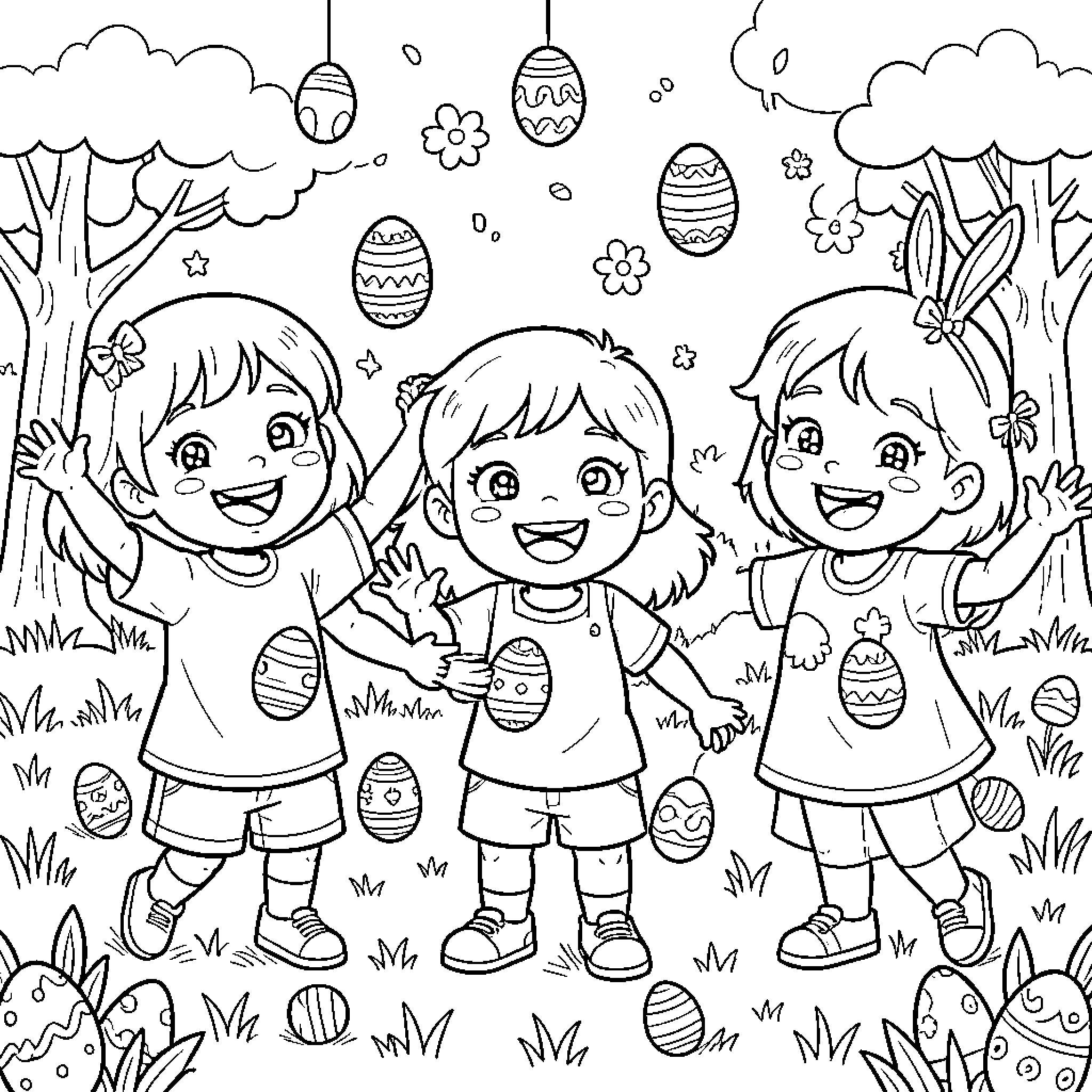 Kid's Easter Fun in Nature Coloring Page (free black-and-white line drawing printable PDF for all, from beginners to advanced learners, including children, teens, adults, and seniors)