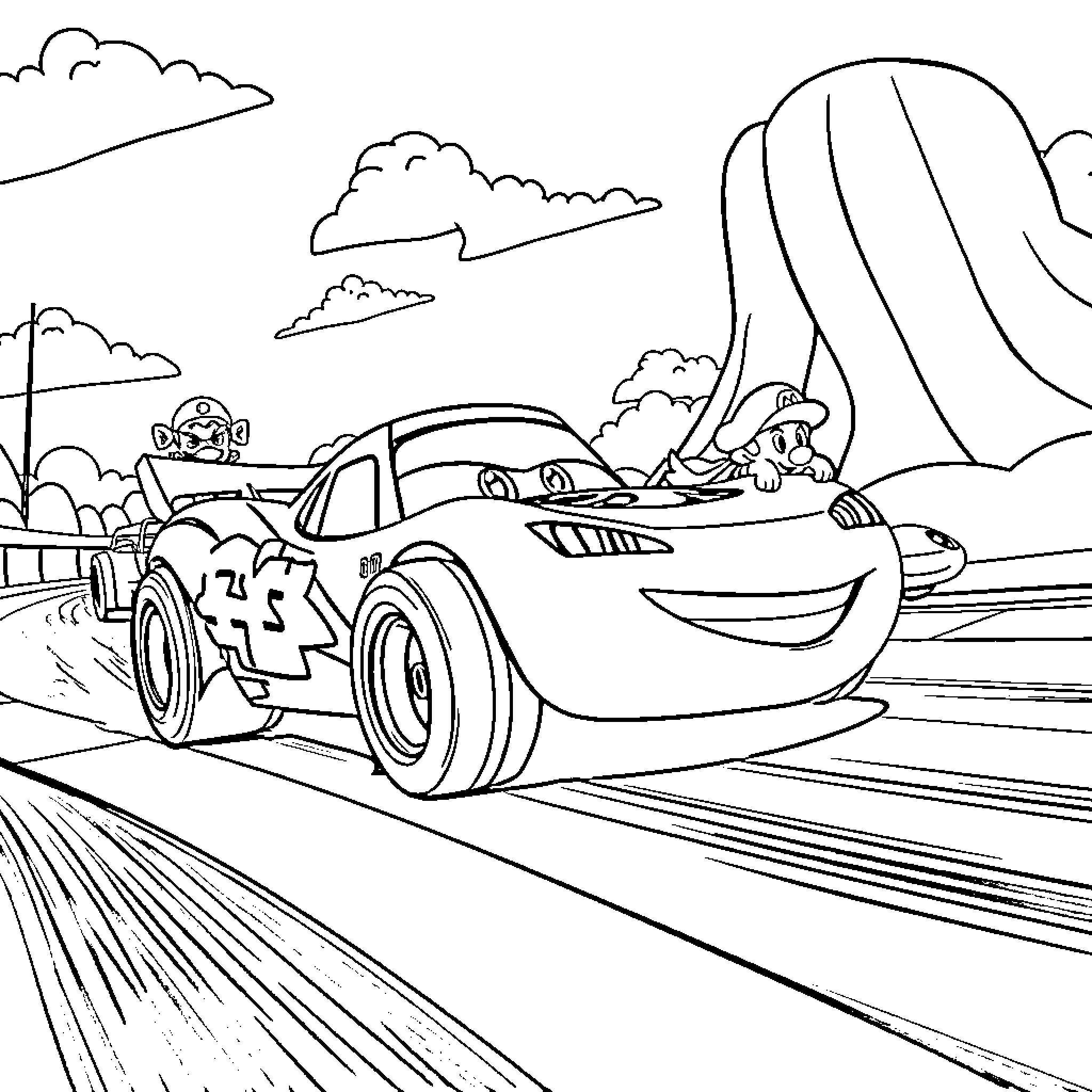 Rayo McQueen racing through the desert landscape Coloring Page (free black-and-white line drawing printable PDF for all, from beginners to advanced learners, including children, teens, adults, and seniors)