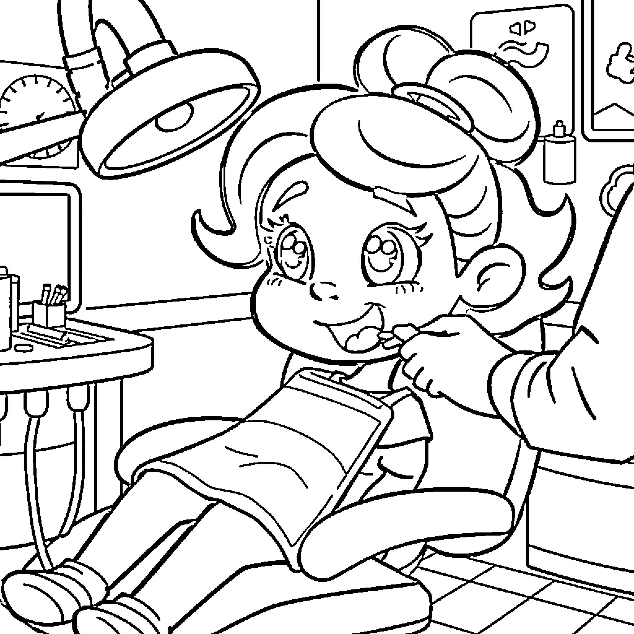 Bluey enjoying a dental checkup at the clinic Coloring Page (free black-and-white line drawing printable PDF for all, from beginners to advanced learners, including children, teens, adults, and seniors)