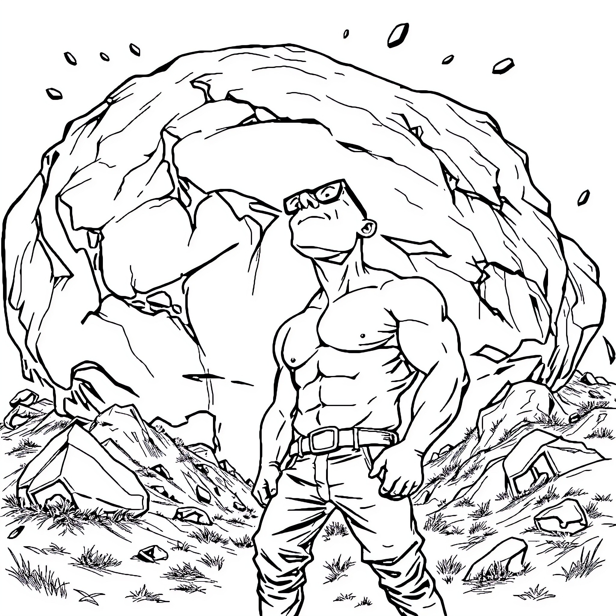 Man standing tall in rugged mountain terrain Coloring Page (free black-and-white line drawing printable PDF for all, from beginners to advanced learners, including children, teens, adults, and seniors)