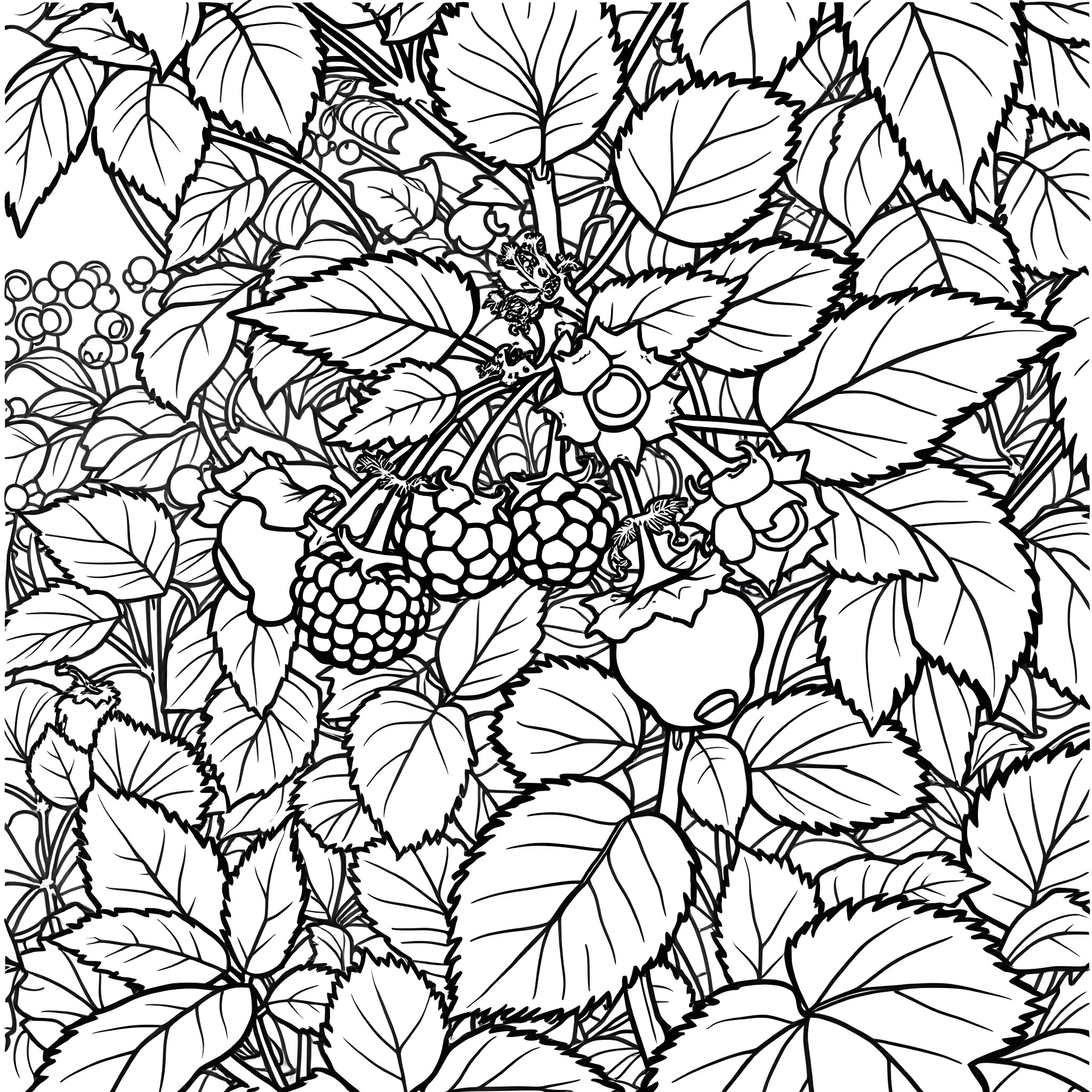 Cloudberry plant with detailed leaves and berries Coloring Page (free black-and-white line drawing printable PDF for all, from beginners to advanced learners, including children, teens, adults, and seniors)