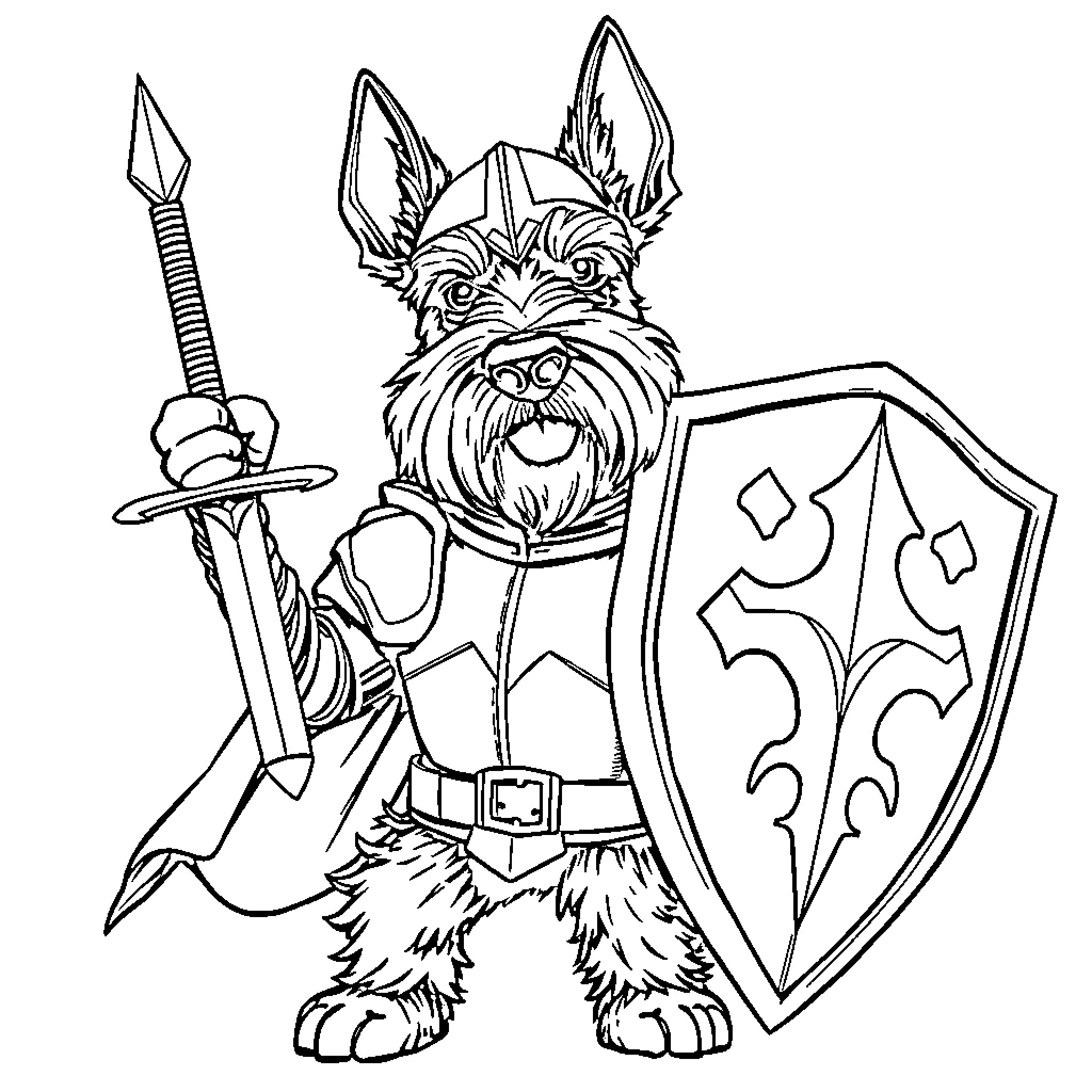 Schnauzer knight wielding sword and shield Coloring Page (free black-and-white line drawing printable PDF for all, from beginners to advanced learners, including children, teens, adults, and seniors)