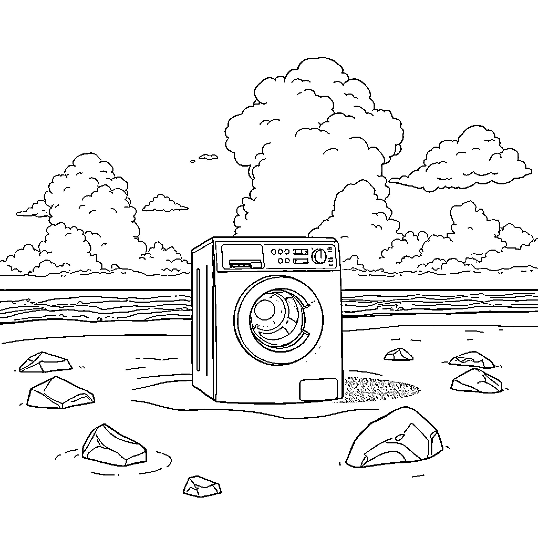 Washing Machine on Deserted Beach Coloring Page (free black-and-white line drawing printable PDF for all, from beginners to advanced learners, including children, teens, adults, and seniors)