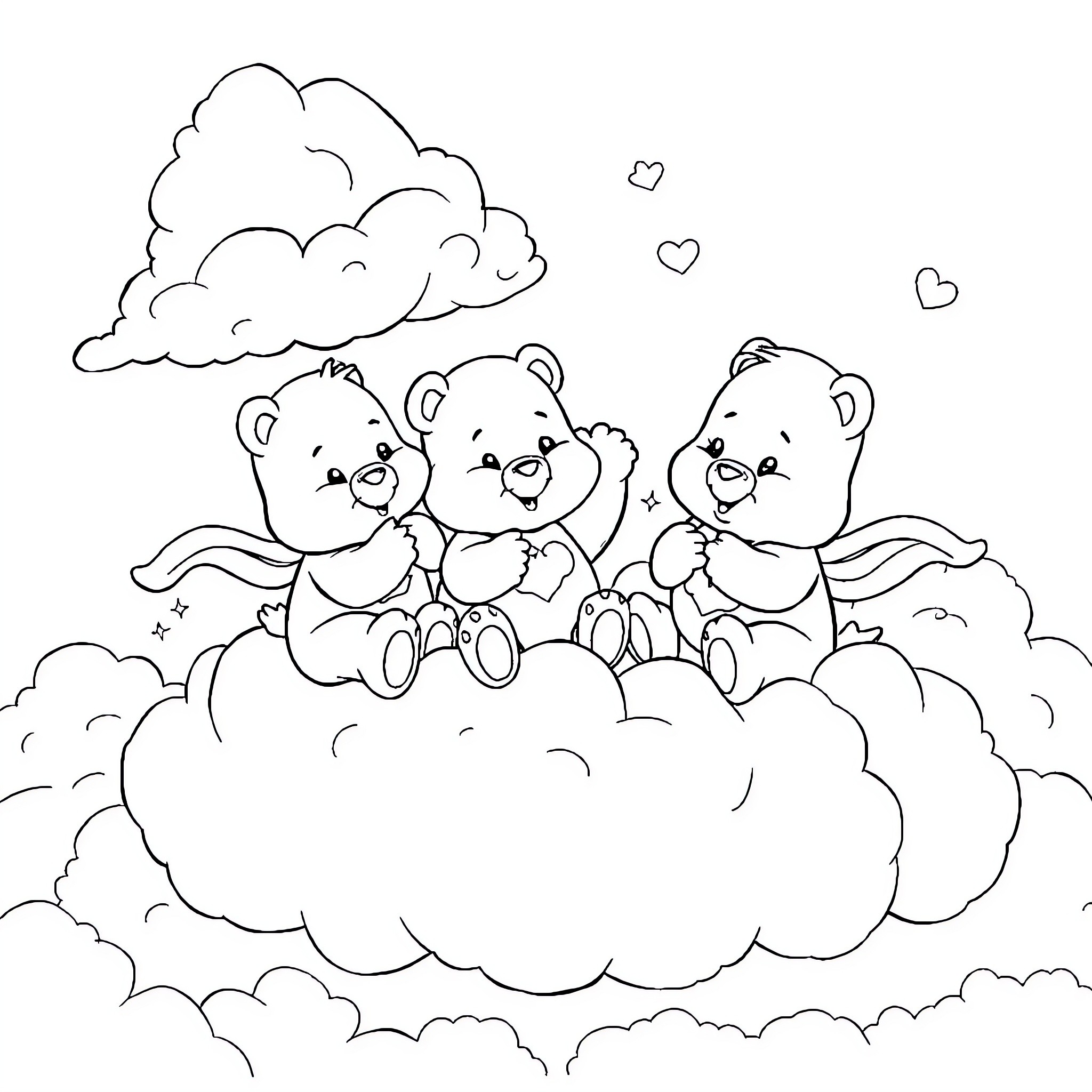 Carebear friends sitting on a cloud together Coloring Page (free black-and-white line drawing printable PDF for all, from beginners to advanced learners, including children, teens, adults, and seniors)