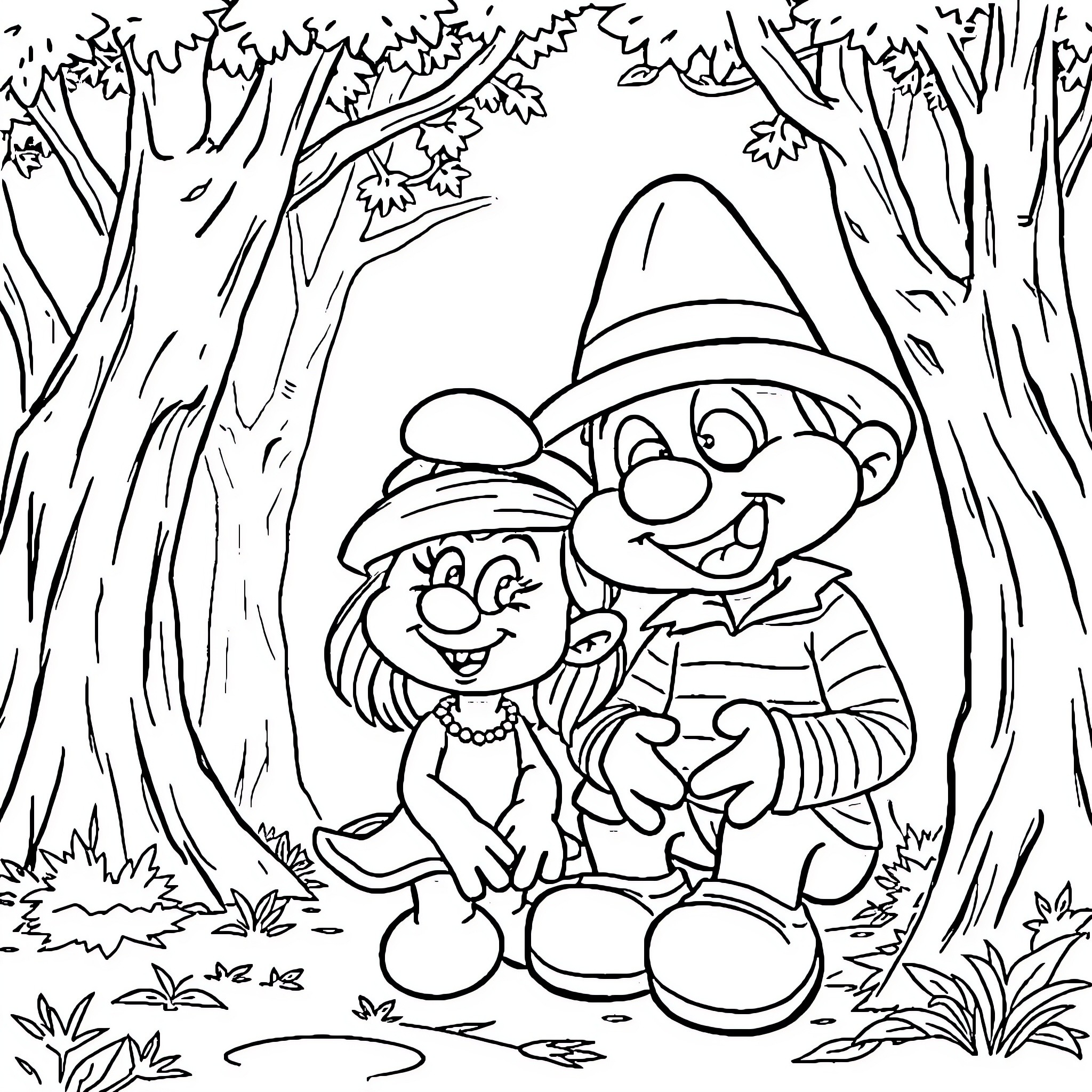 Smurfette and Smurf enjoying a day in the forest Coloring Page (free black-and-white line drawing printable PDF for all, from beginners to advanced learners, including children, teens, adults, and seniors)
