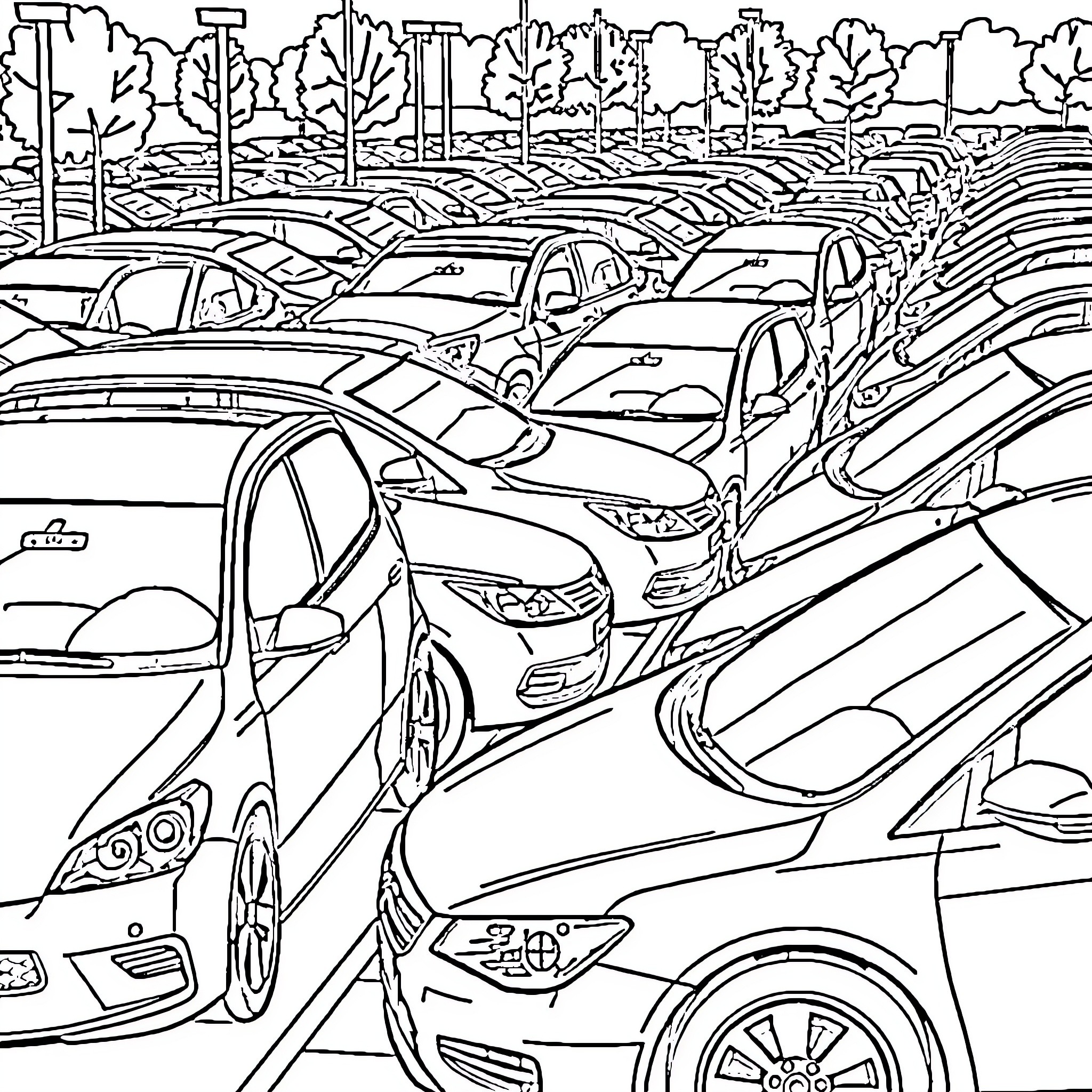 Car Parking Lot Filled with Various Vehicles Coloring Page (free black-and-white line drawing printable PDF for all, from beginners to advanced learners, including children, teens, adults, and seniors)